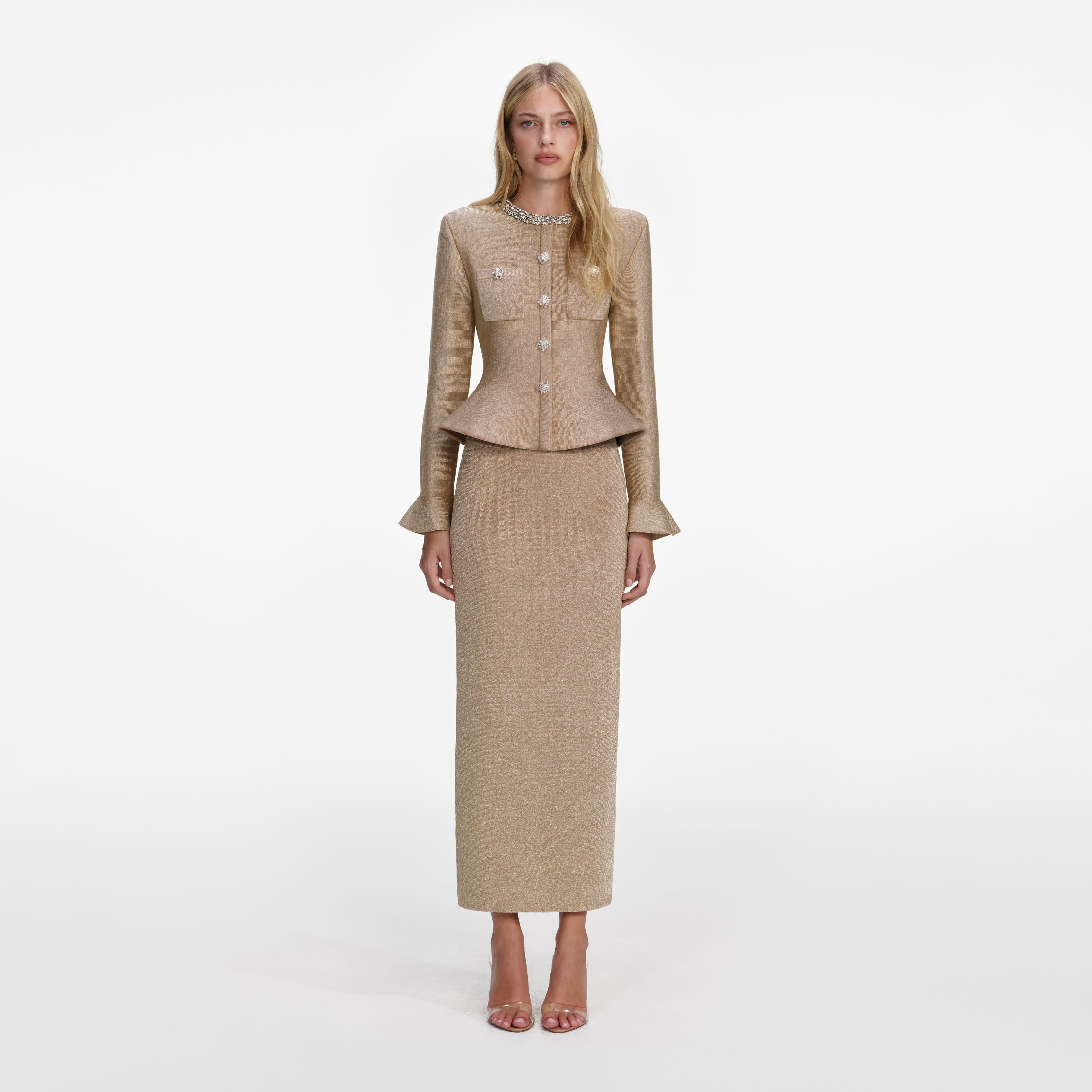 self-portrait - Gold Crystal Trim Knit Midi Dress - L self-portrait - Gold Crystal Trim Knit Midi Dress - L