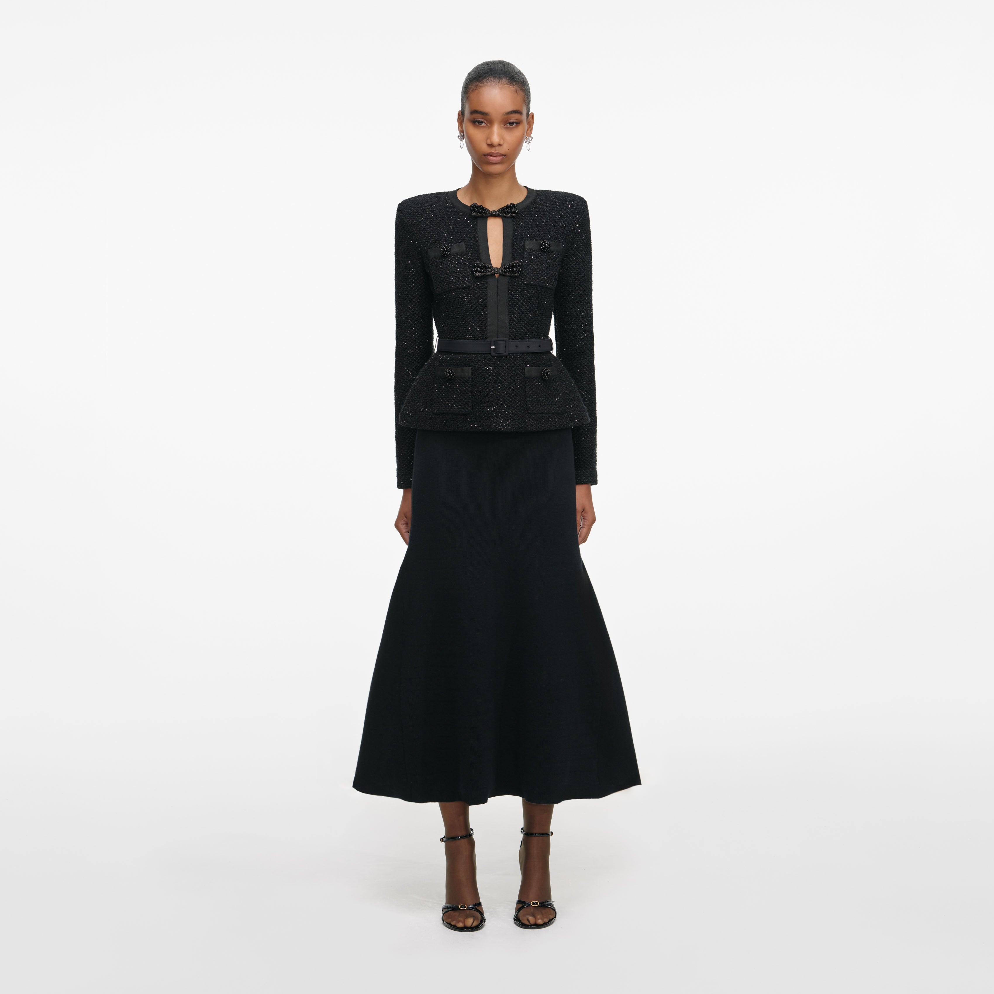self-portrait - Black Sequin Knit Tailored Midi Dress - M self-portrait - Black Sequin Knit Tailored Midi Dress - M