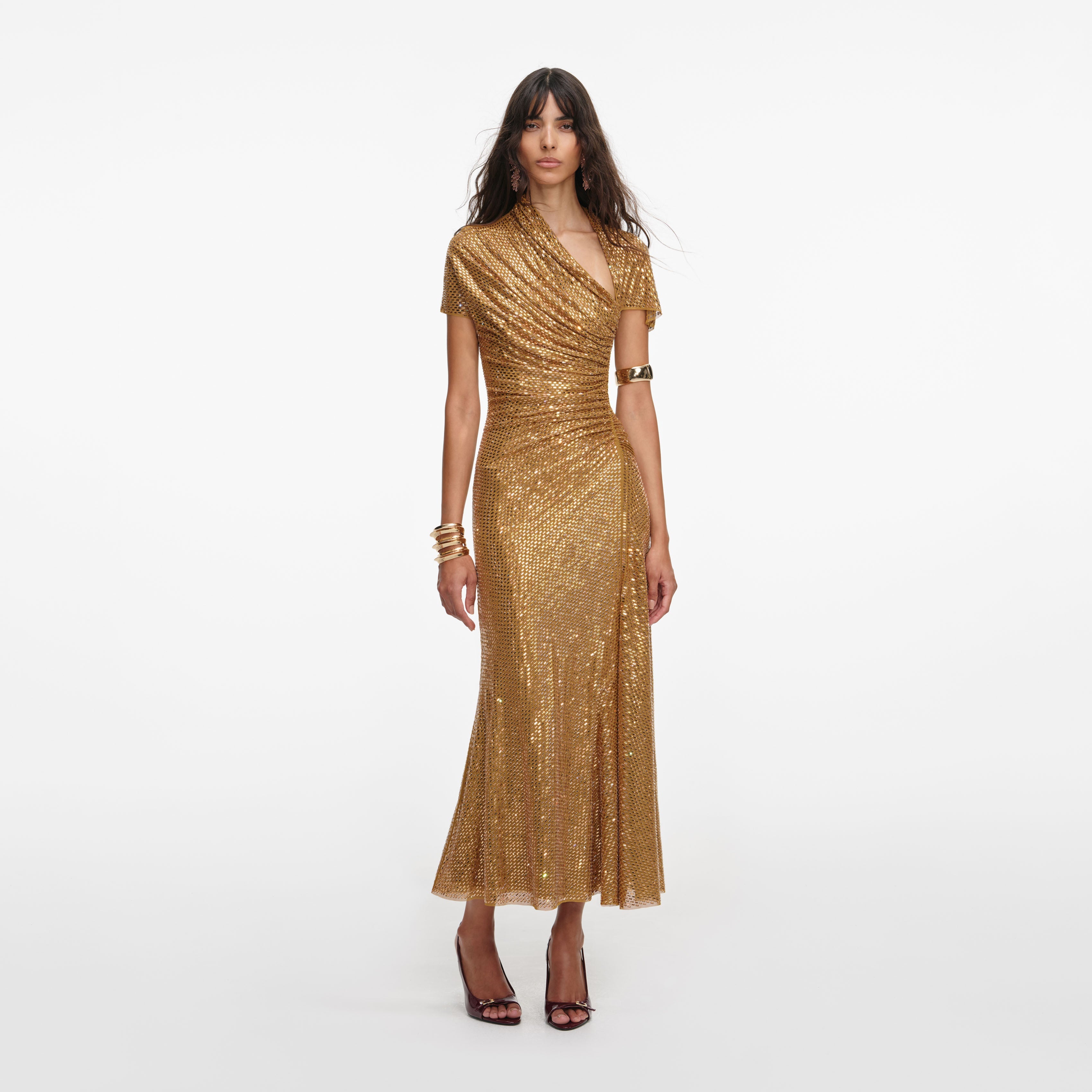 Gold Rhinestone Drape Midi Dress self-portrait-US Gold Rhinestone Drape Midi Dress self-portrait-US
