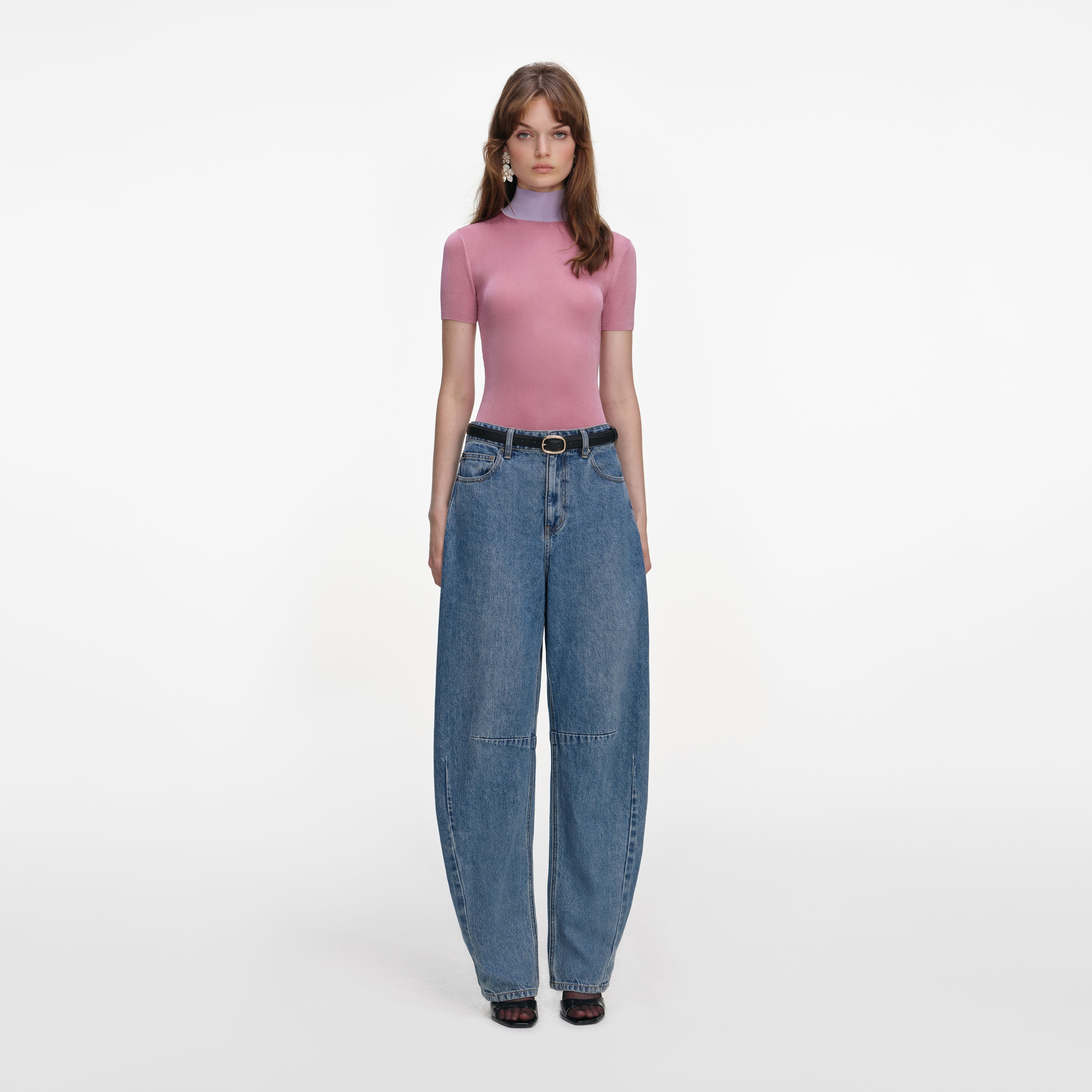 Pink Short Sleeve Viscose Knit Top – self-portrait-US