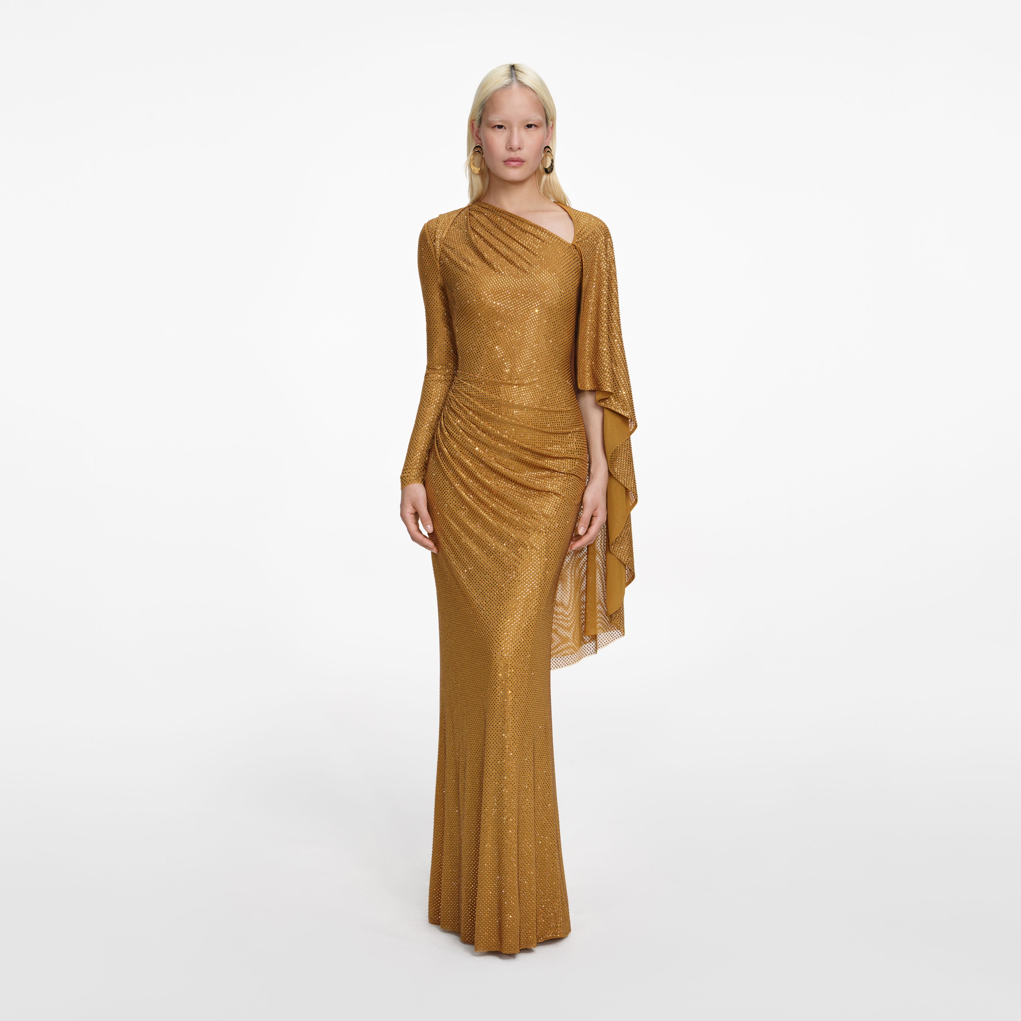 Self-Portrait - Gold Rhinestone Drape Maxi Dress - US 10 Self-Portrait - Gold Rhinestone Drape Maxi Dress - US 10