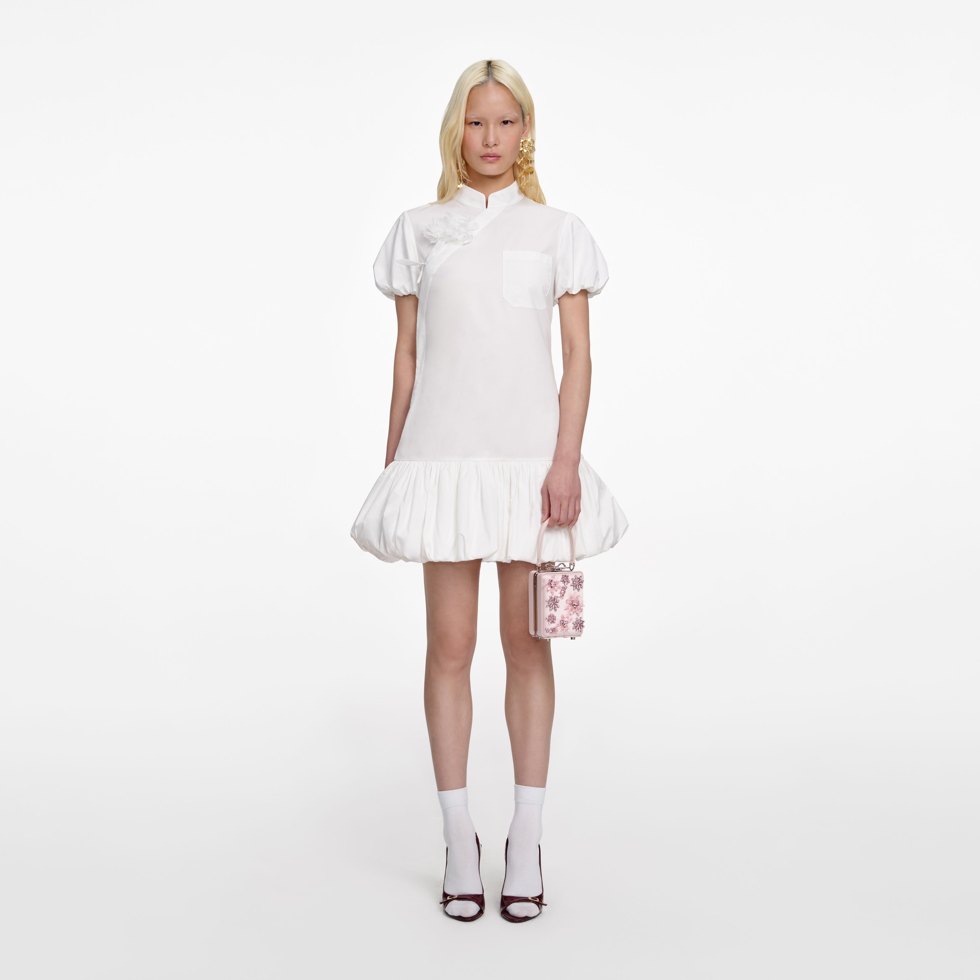 self-portrait - White Cotton Asymmetric Mini Dress