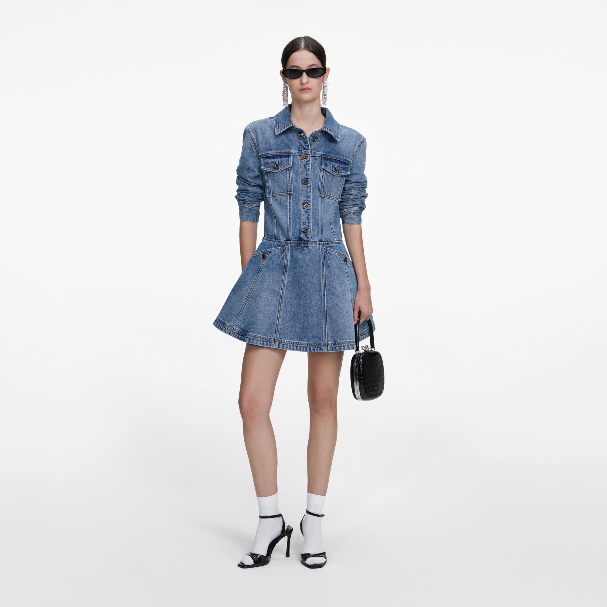 Front view of a woman wearing the Denim Mini Shirt Dress