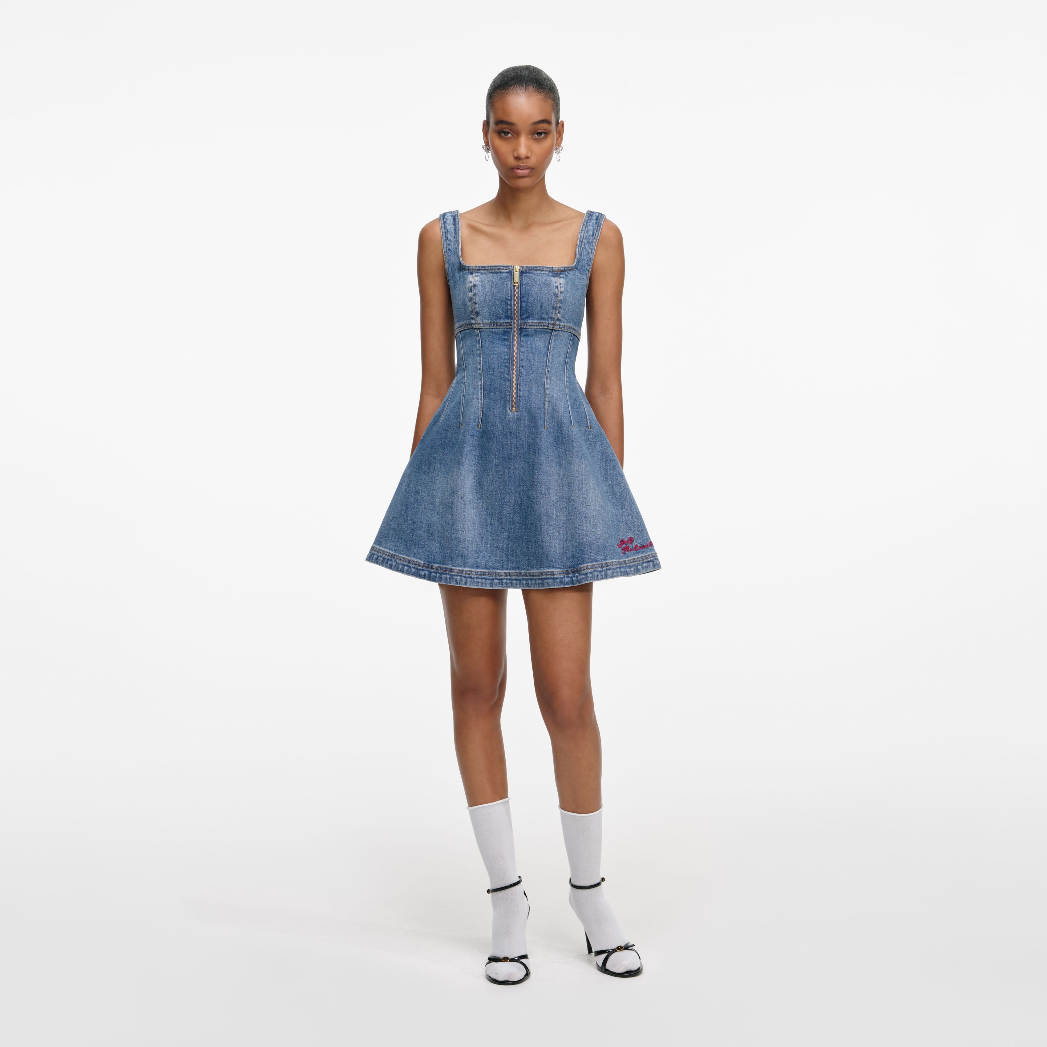Self-Portrait Blue Denim Flared Dress Self-Portrait Blue Denim Flared Dress