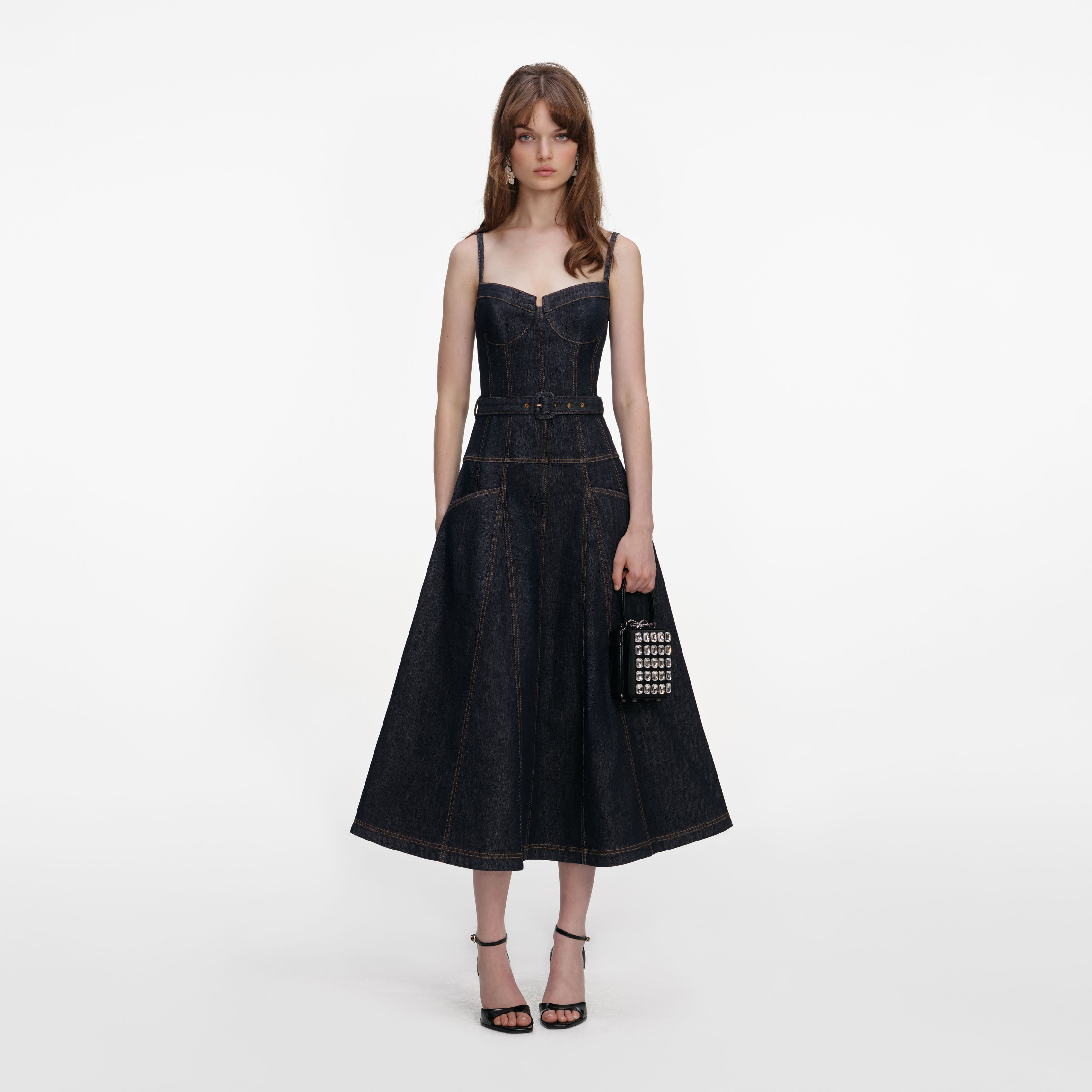 Self Portrait Blue Denim Flared Midi Dress Self Portrait Blue Denim Flared Midi Dress