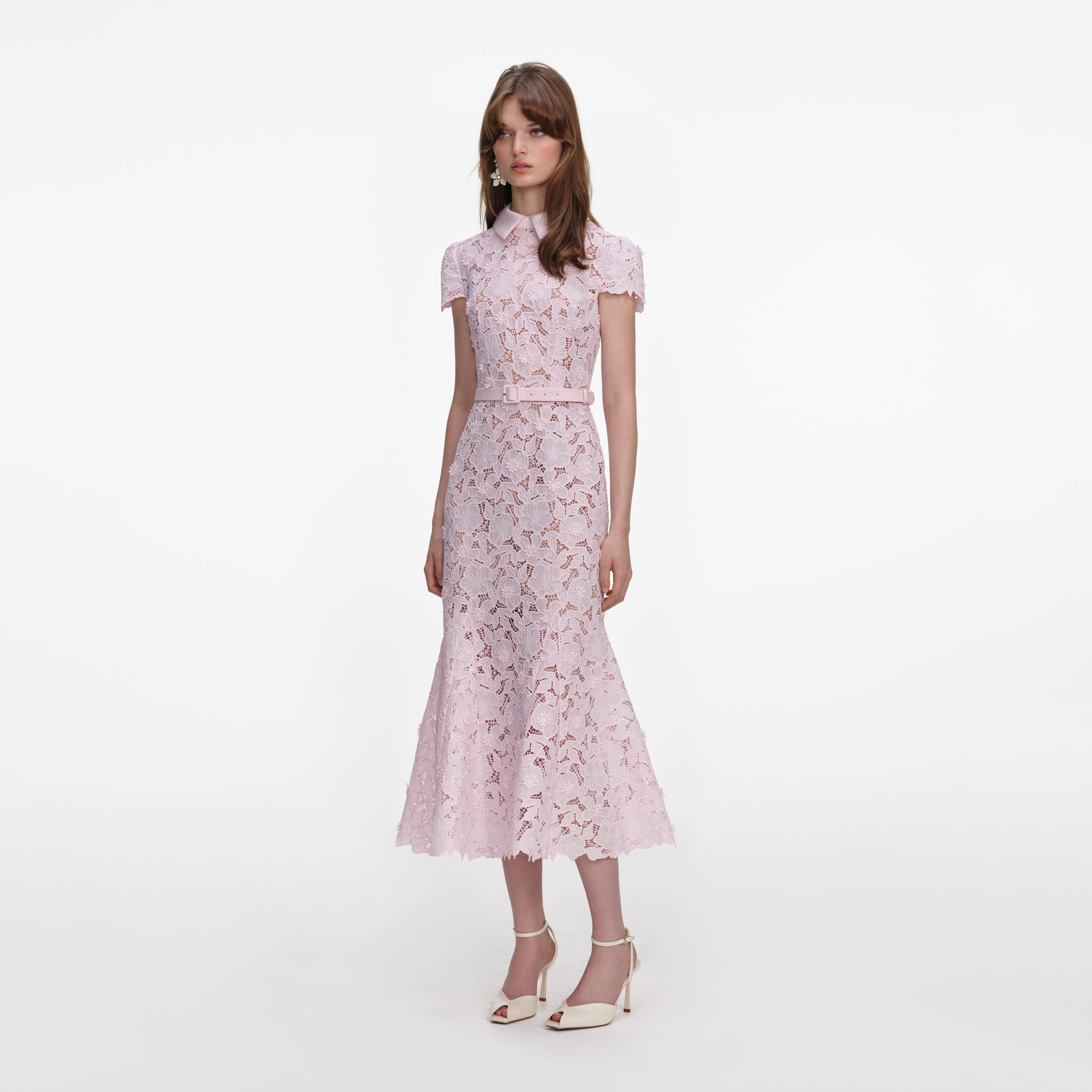 Pink Guipure Lace Midi Dress