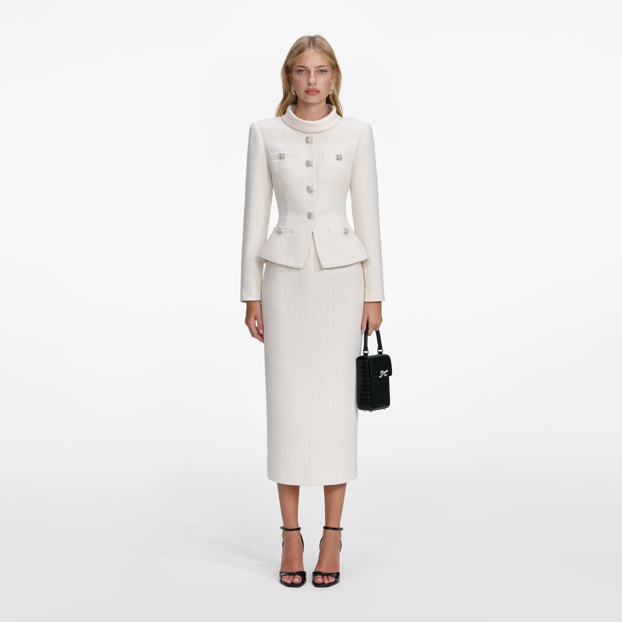 Front view of a woman wearing the Cream Boucle Tailored Midi Dress