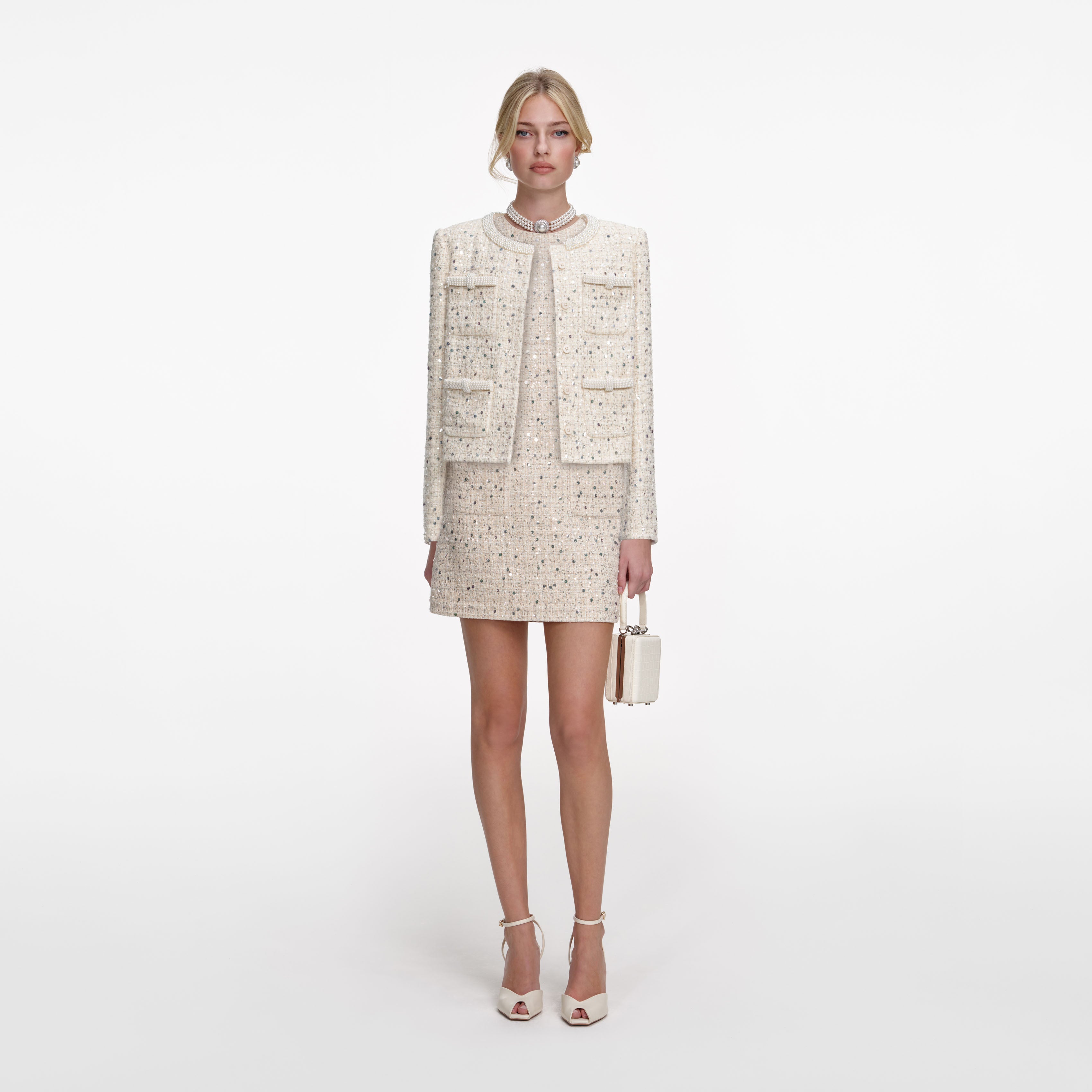Self-Portrait - Cream Embellished Boucle Jacket