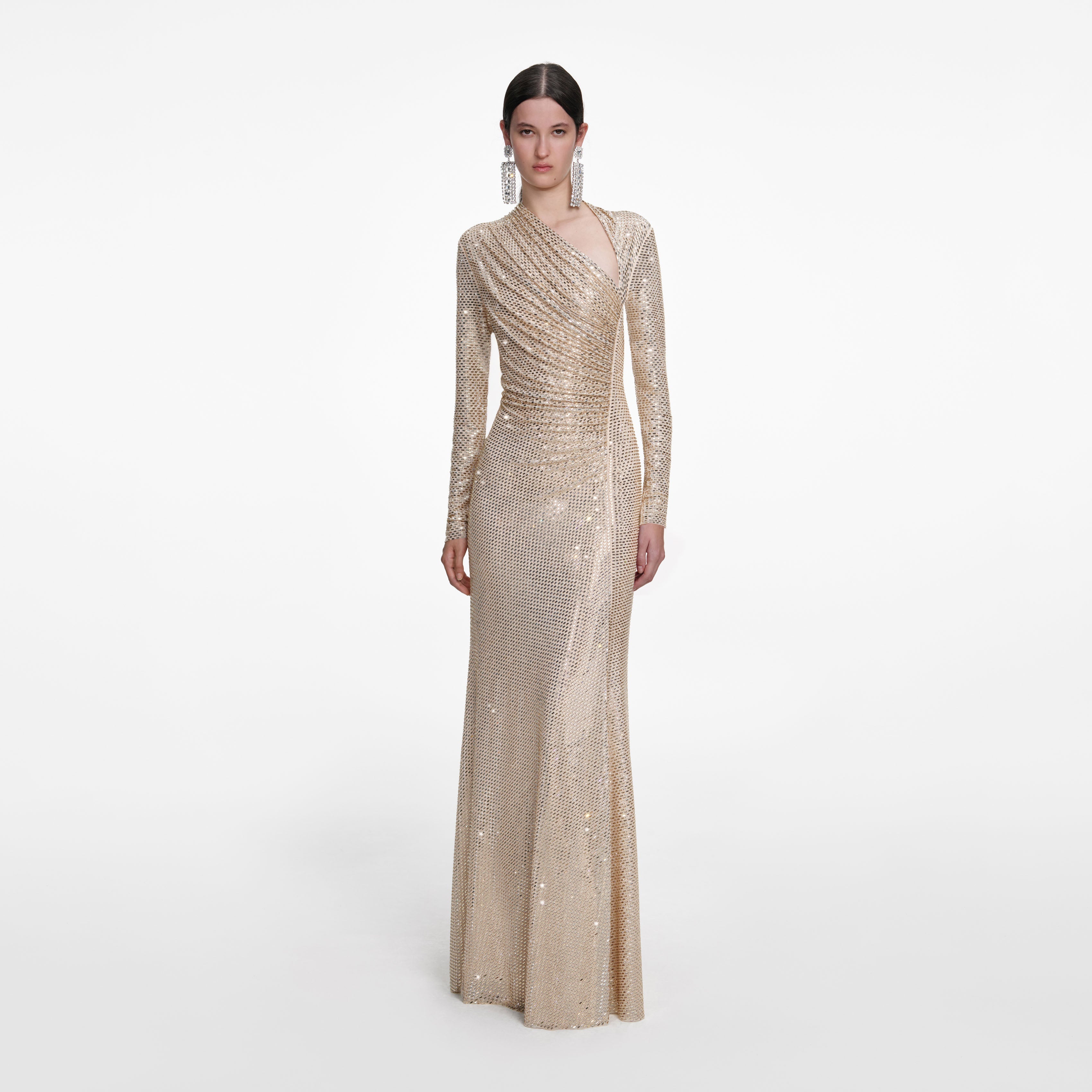 Self-Portrait - Champagne Rhinestone Drape Maxi Dress - UK 14 Self-Portrait - Champagne Rhinestone Drape Maxi Dress - UK 14