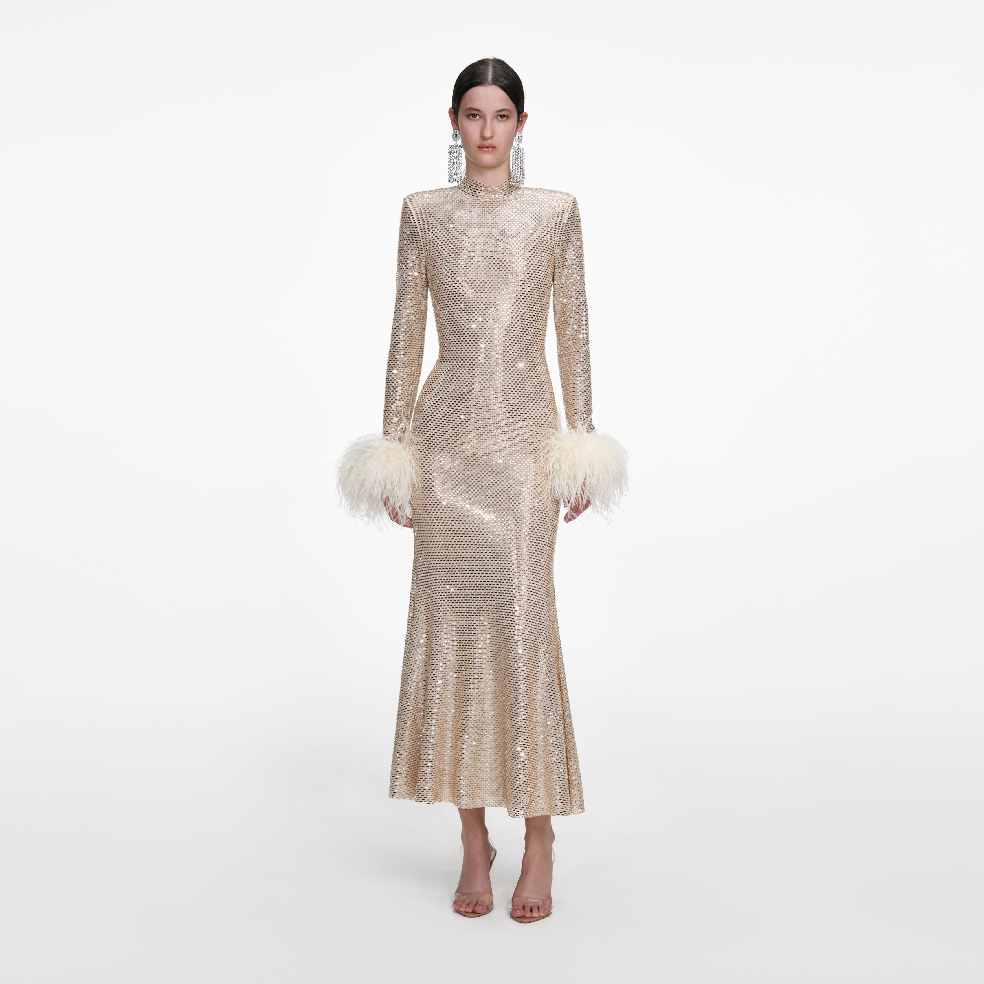 Champagne Rhinestone Feather Midi Dress self-portrait-US Champagne Rhinestone Feather Midi Dress self-portrait-US