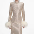 Champagne Rhinestone Feather Midi Dress