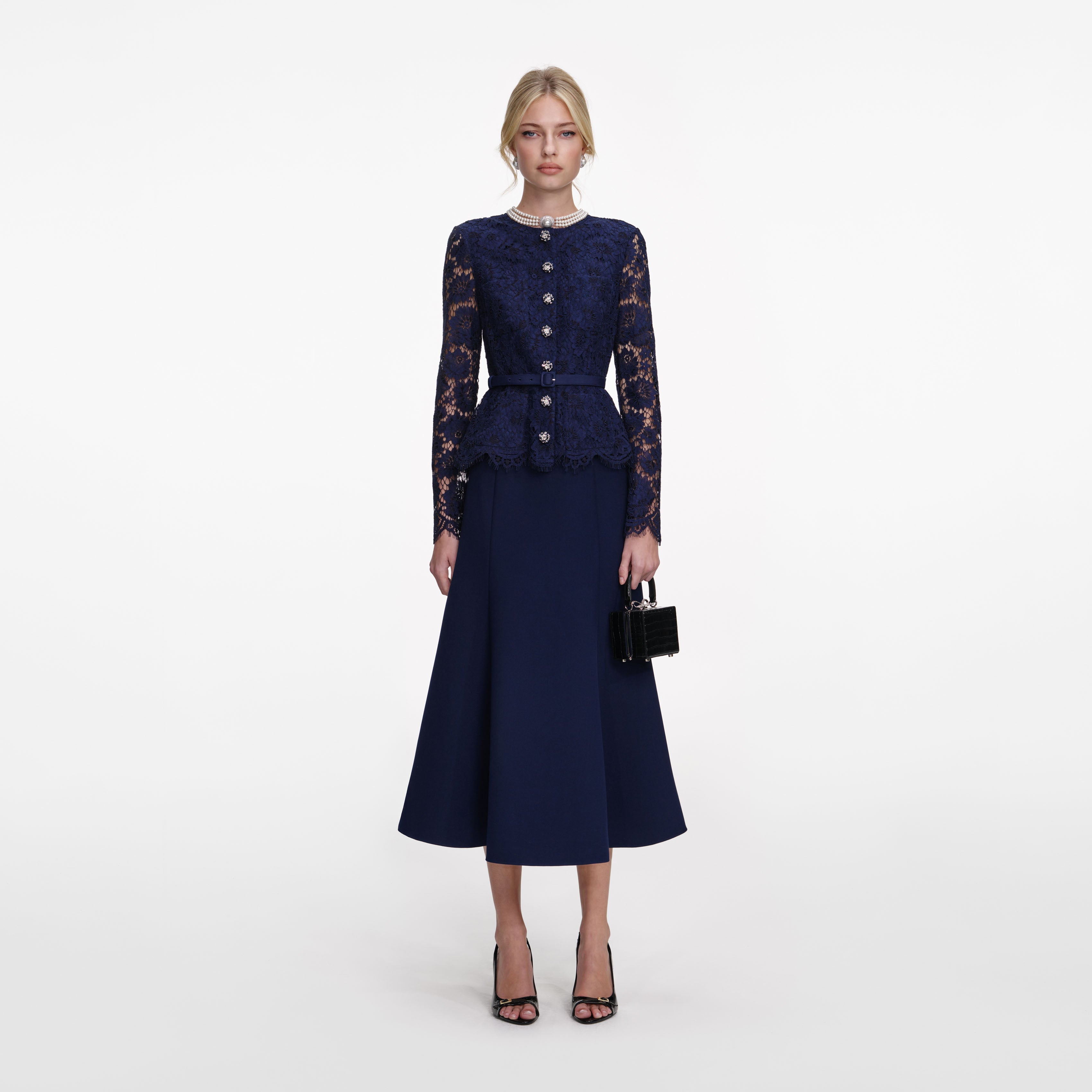 Navy Tailored Lace Midi Dress self-portrait-US Navy Tailored Lace Midi Dress self-portrait-US