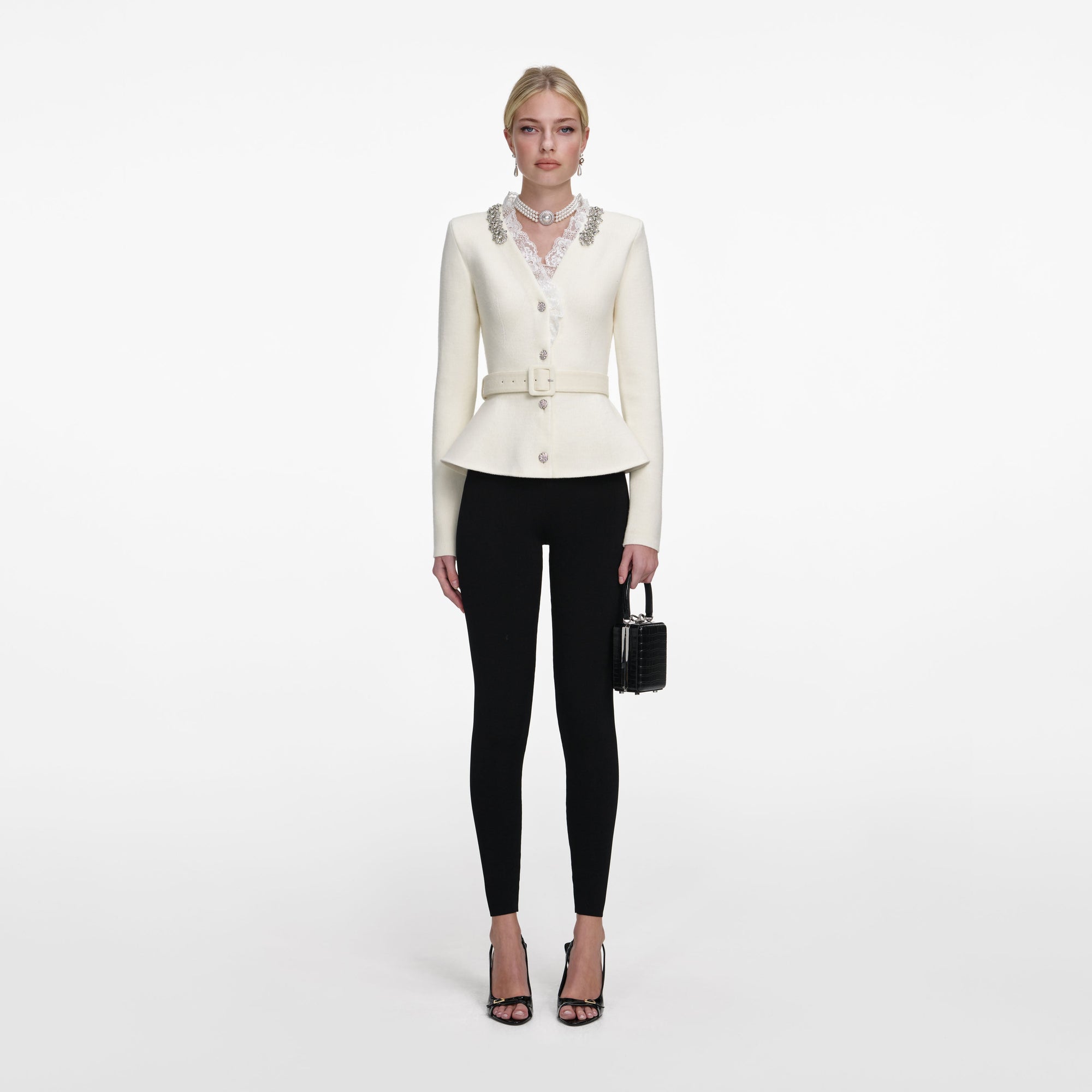 Front view of a woman wearing the Cream Crystal Trim Cardigan