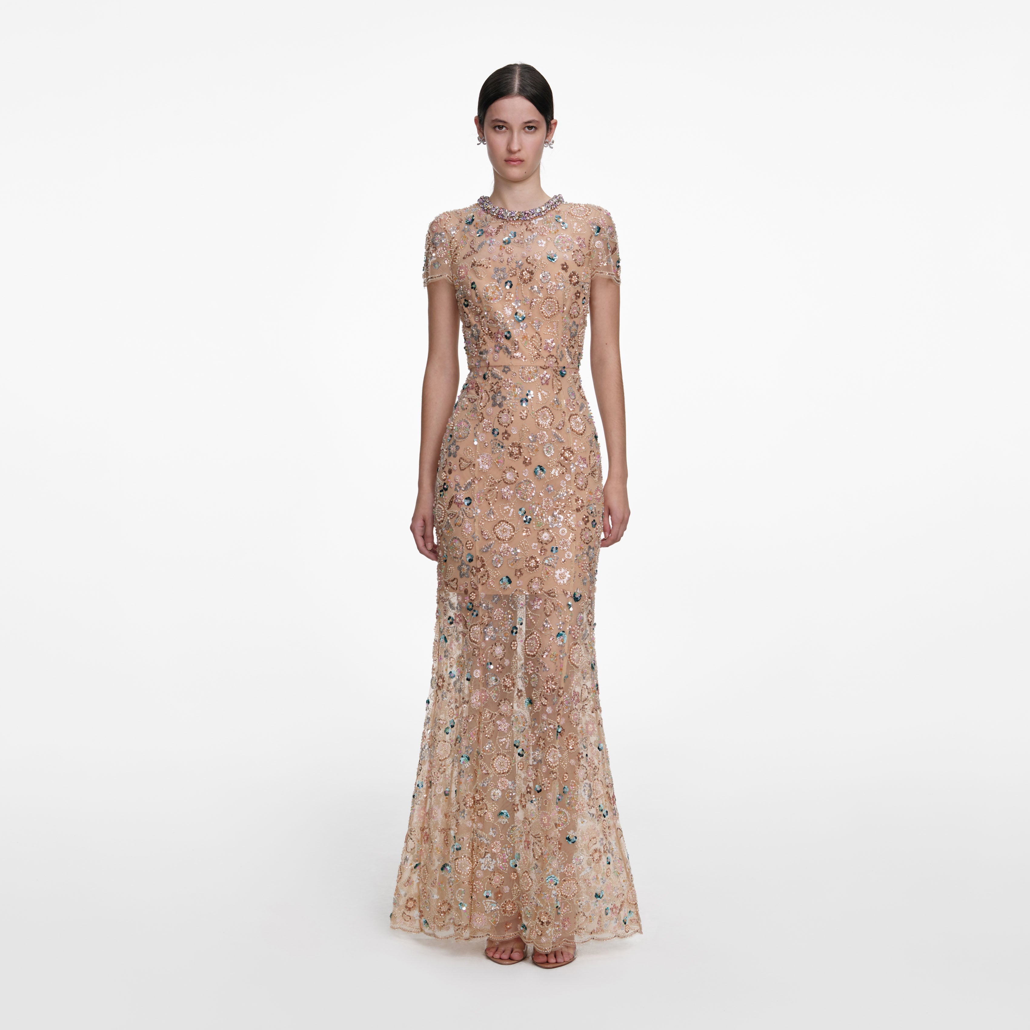 Self-Portrait - Champagne Sequin Embroidered Maxi Dress - US 2 Self-Portrait - Champagne Sequin Embroidered Maxi Dress - US 2