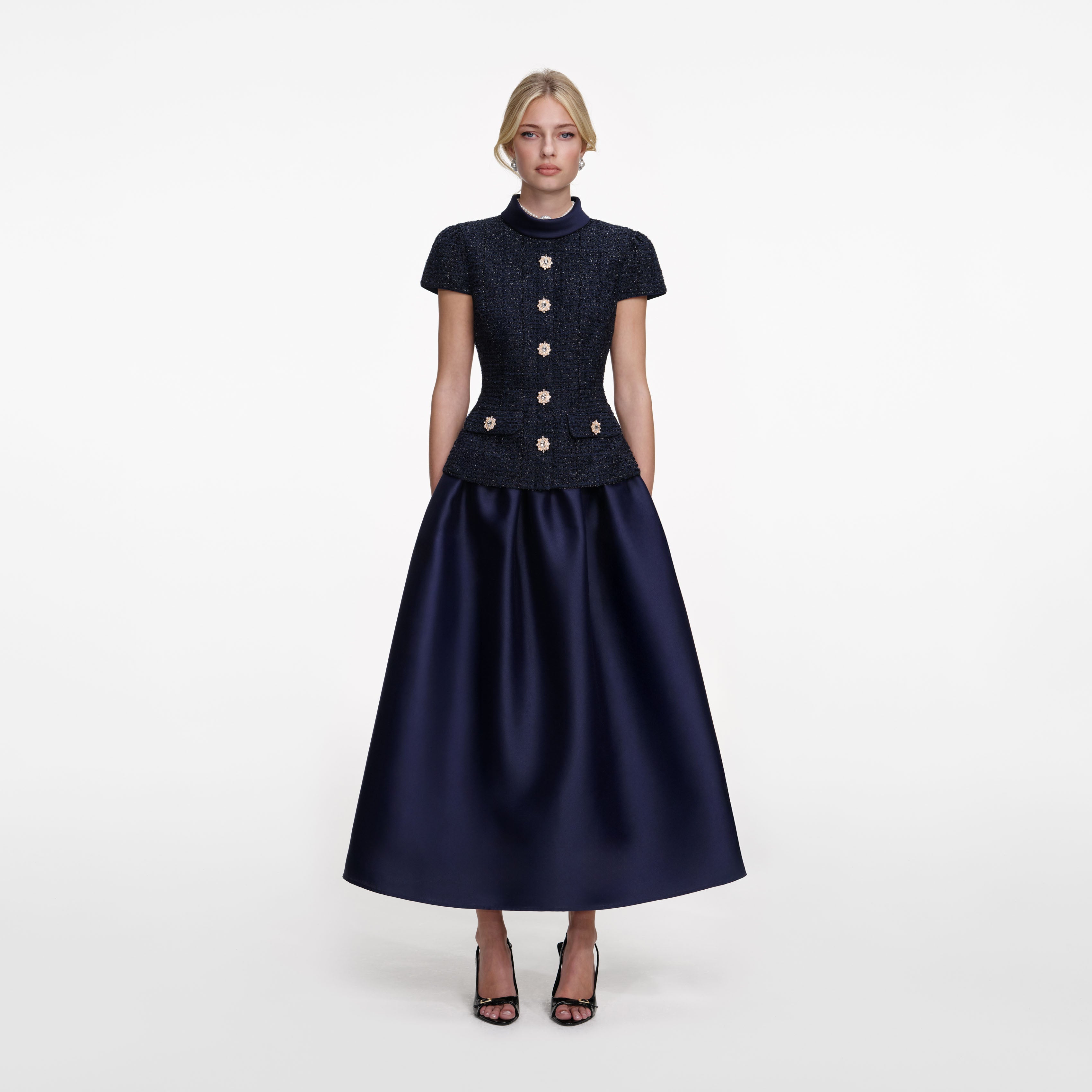Self-Portrait - Navy Metallic Boucle Taffeta Midi Dress - UK 4 Self-Portrait - Navy Metallic Boucle Taffeta Midi Dress - UK 4