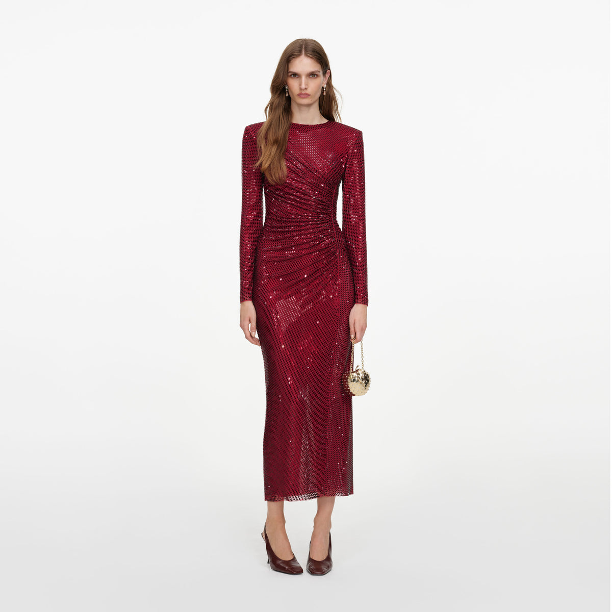 Front view of a woman wearing the Burgundy Rhinestone Gathered Midi Dress