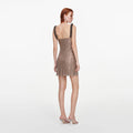 Tan Rhinestone Beaded Trim Mini Dress