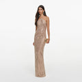 Champagne Chevron Rhinestone Halterneck Maxi Dress