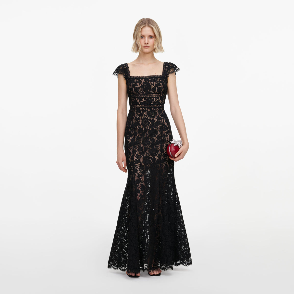 Front view of a woman wearing the Black Lace Square Neck Maxi Dress