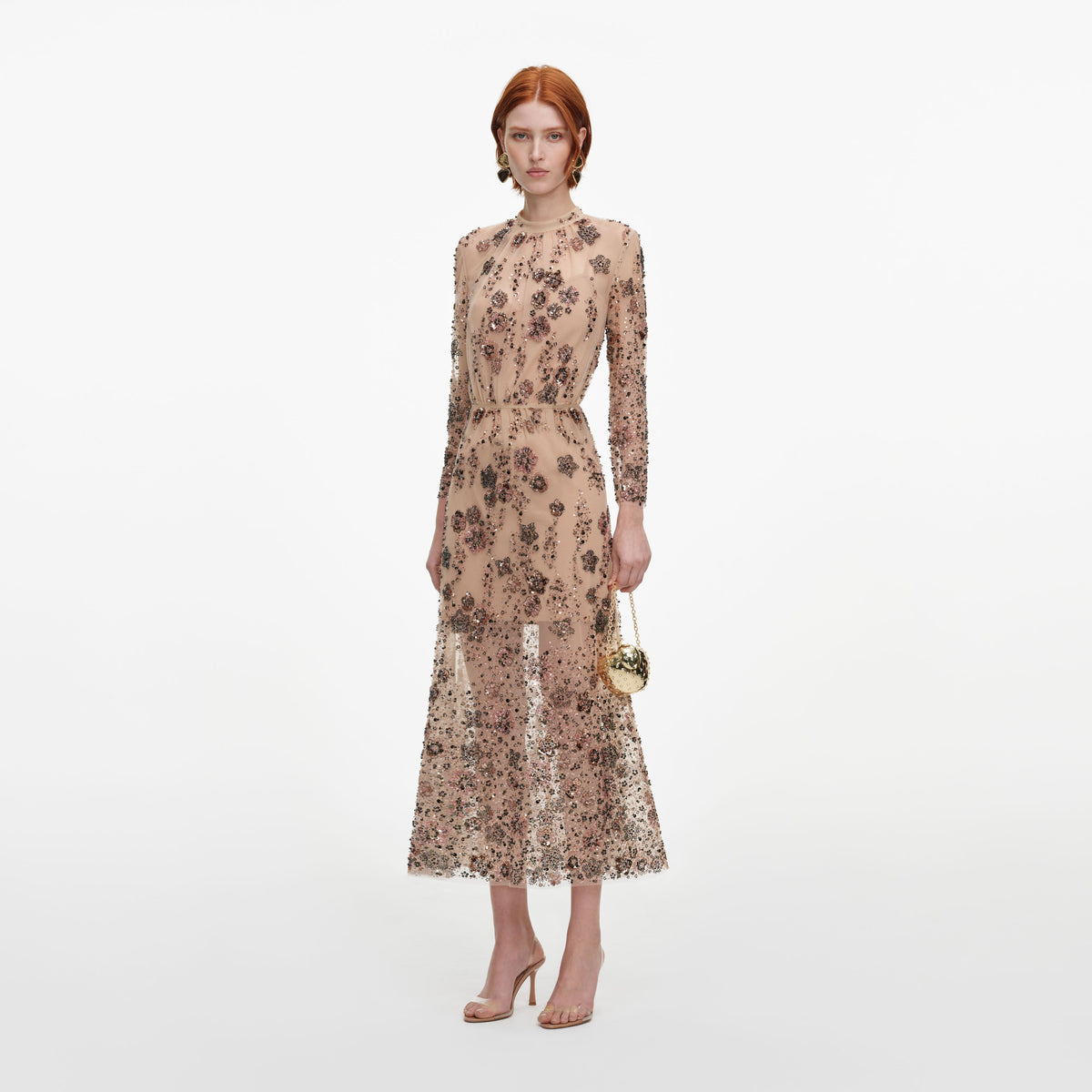 Beige Sequin Embellished Midi Dress