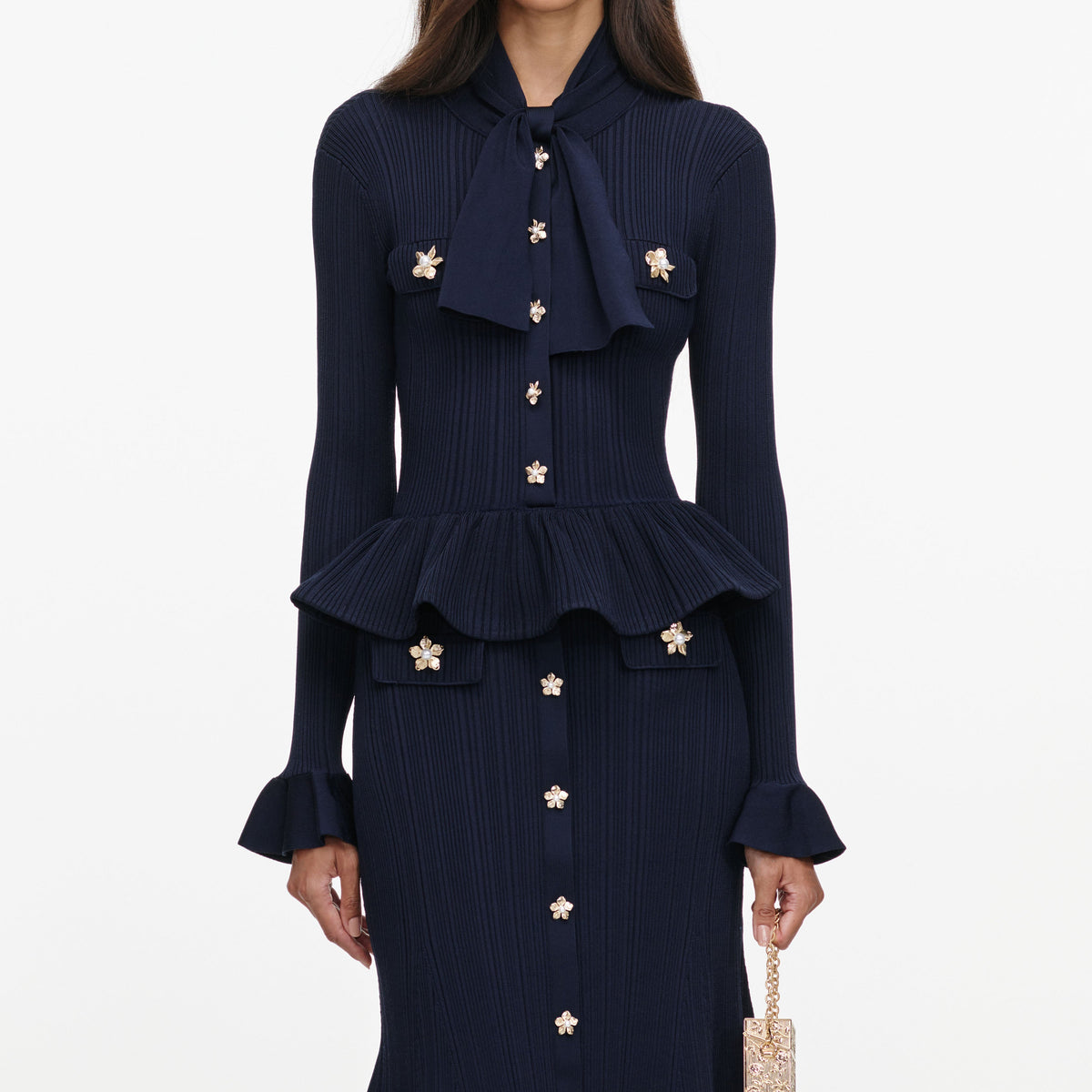 Navy Peplum Knit Midi Dress