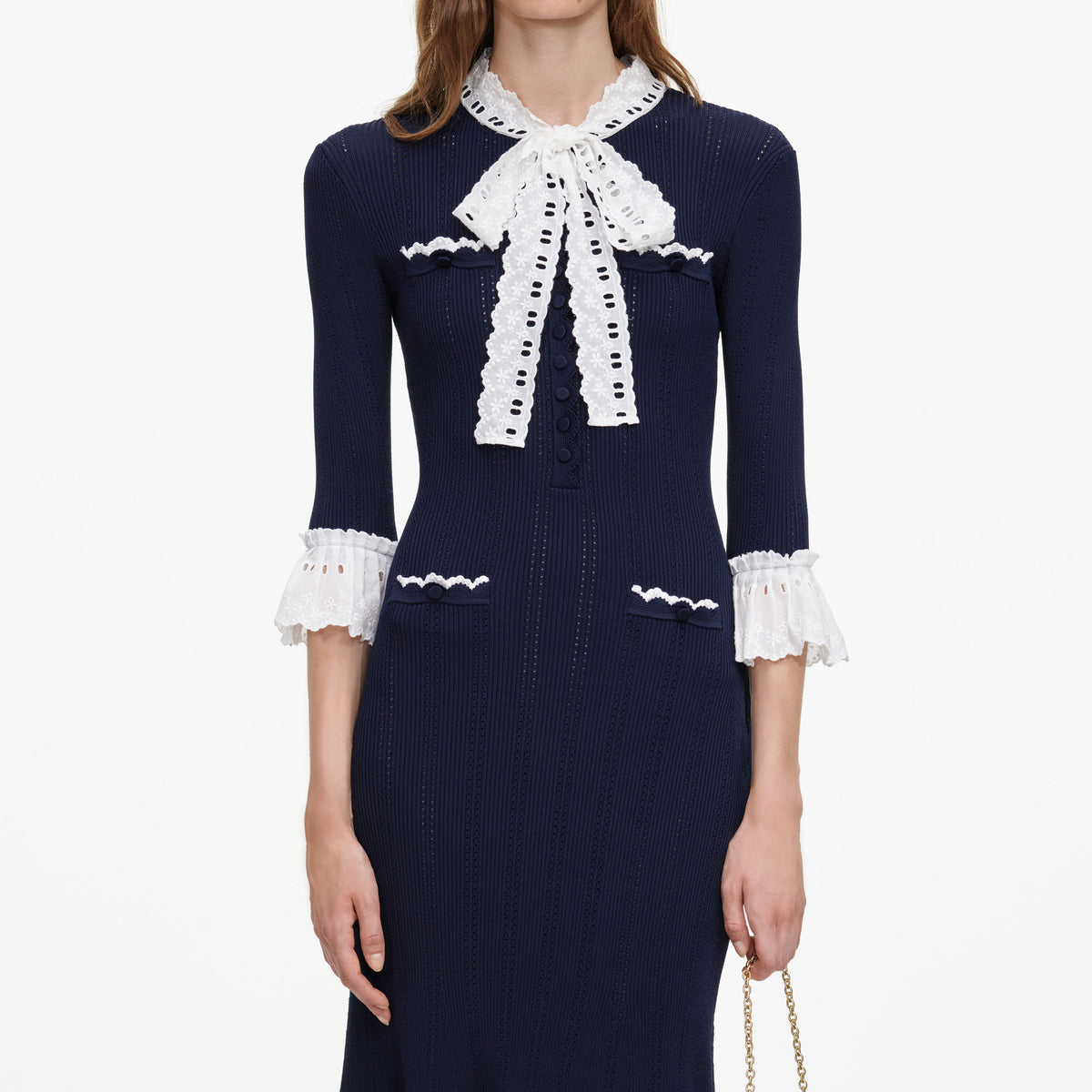 Navy Pointelle Lace Knit Midi Dress