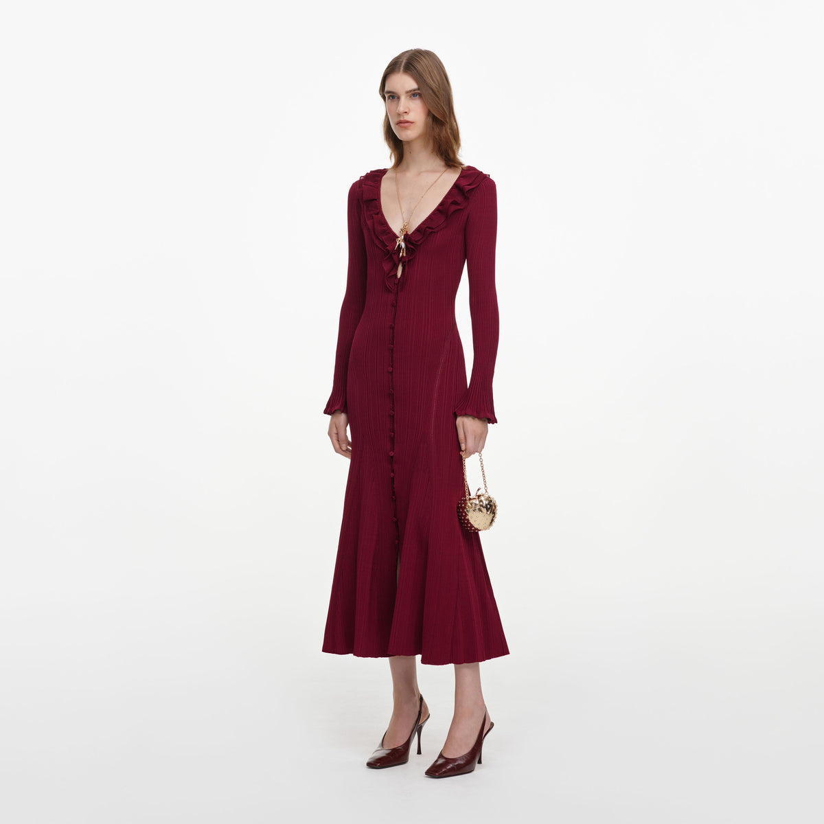 Burgundy Ruffle Knit Midi Dress