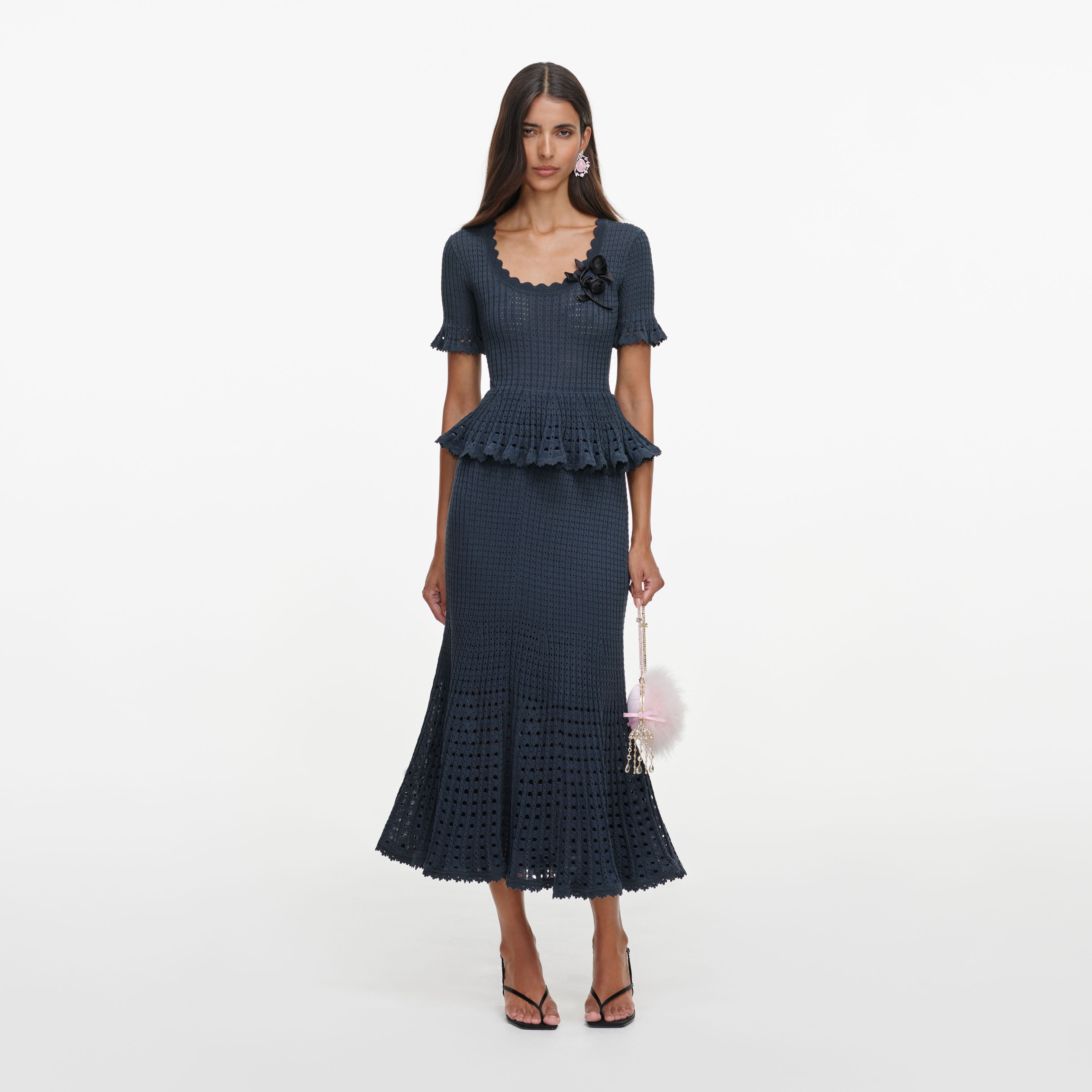 ワンピース Ribbon peplum tulle knit set Grey Pointelle Peplum Knit Midi Dress | self-portrait – self
