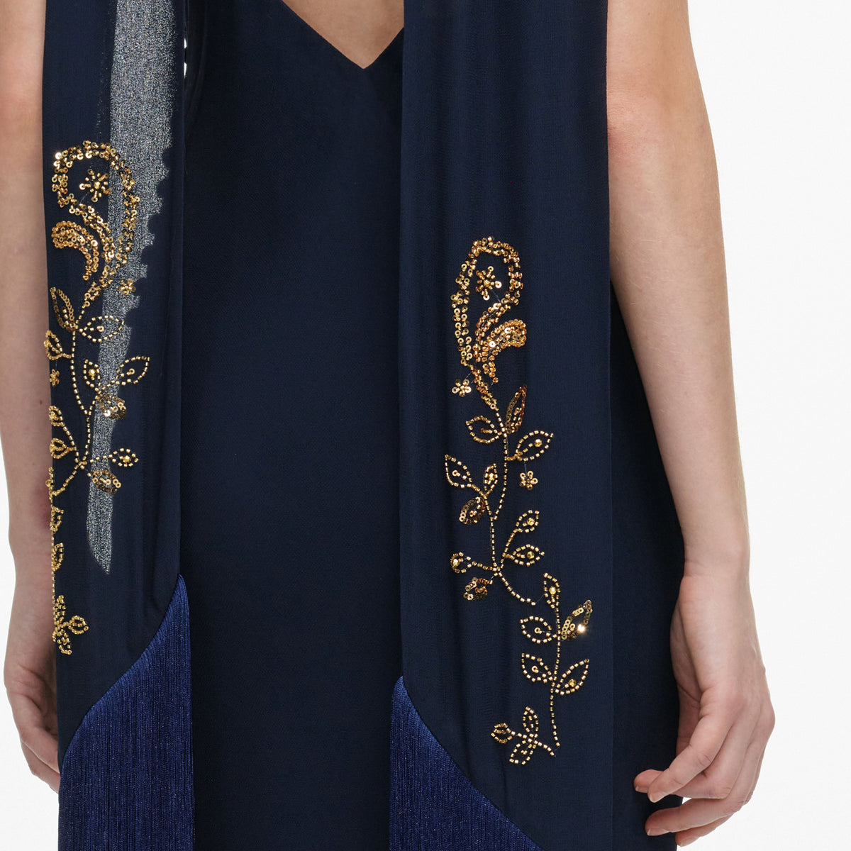 Navy Embellished Georgette Scarf Maxi Dress
