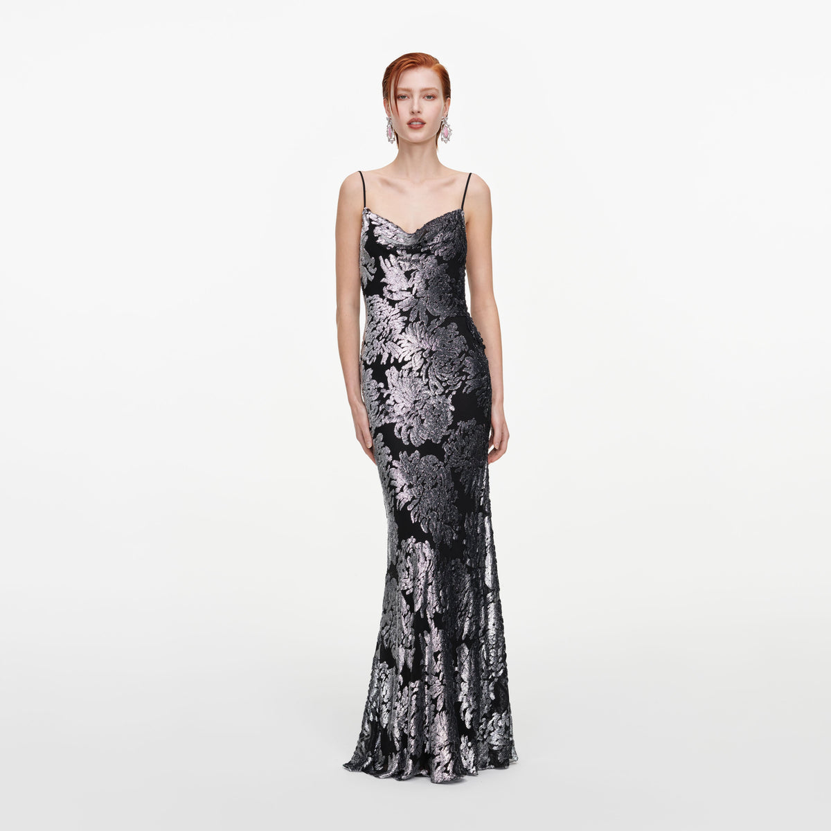 Front view of a woman wearing the Silver Fil Coupe Maxi Dress