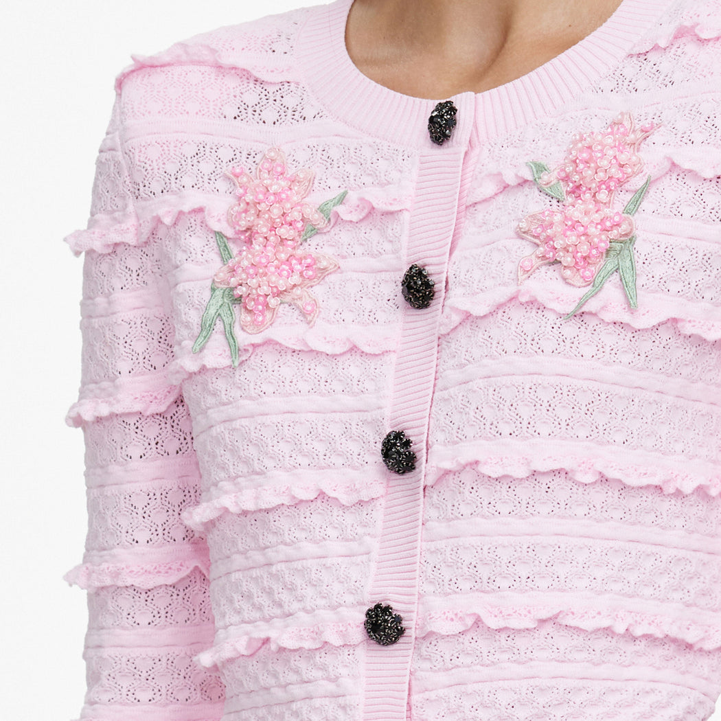 A close up of the fabric for the Pink Flower Pointelle Knit Cardigan