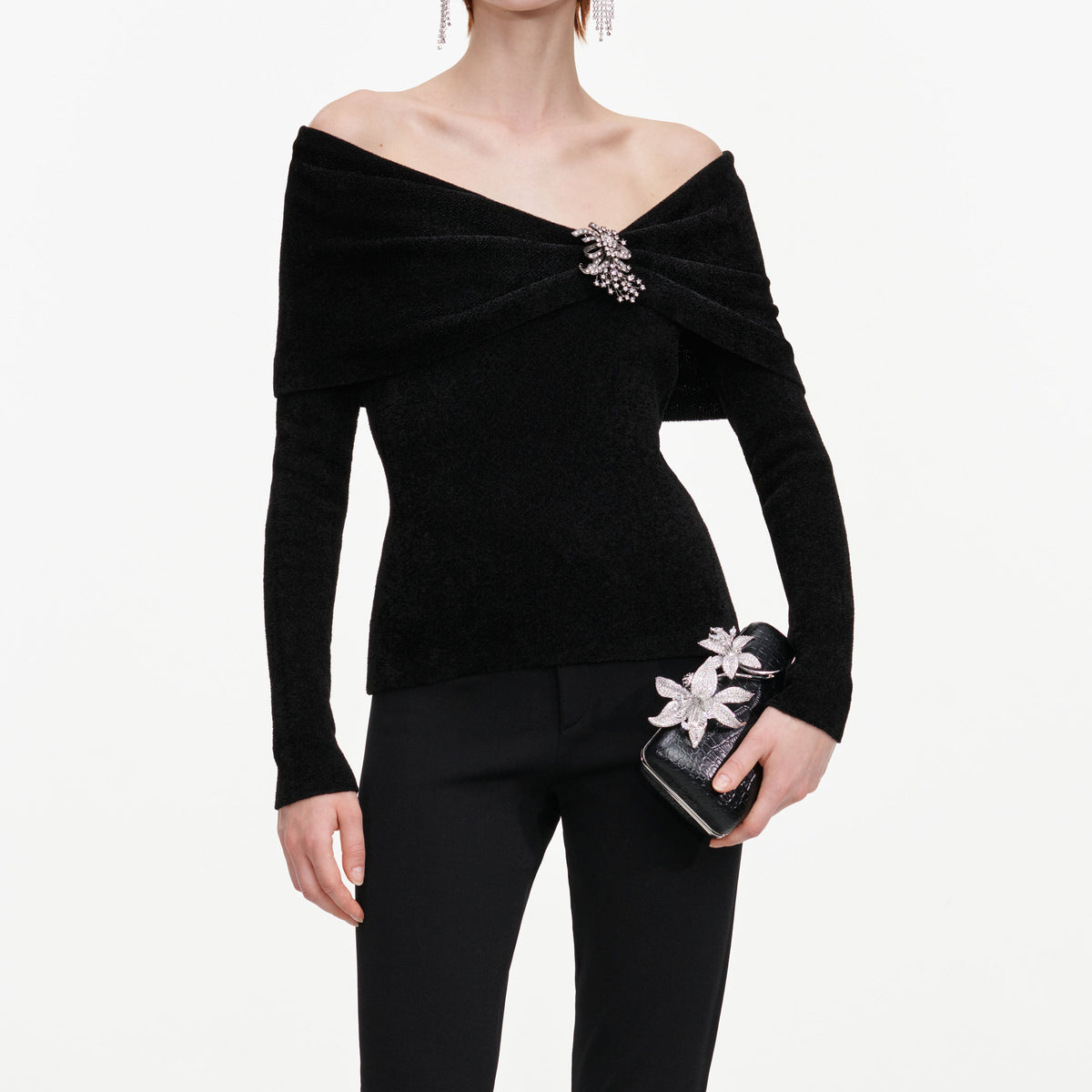 Black Brooch Chenille Knit Top