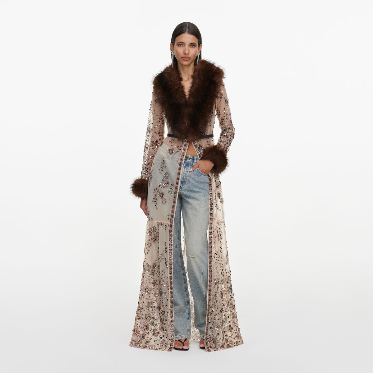 Beige Sequin Embellished Fur Maxi Dress