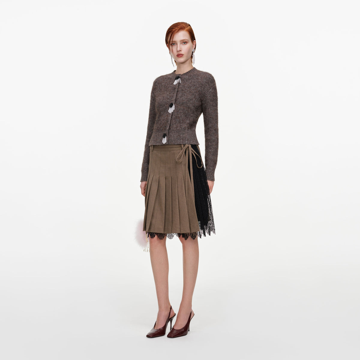 Brown Twill Lace Pleated Midi Skirt