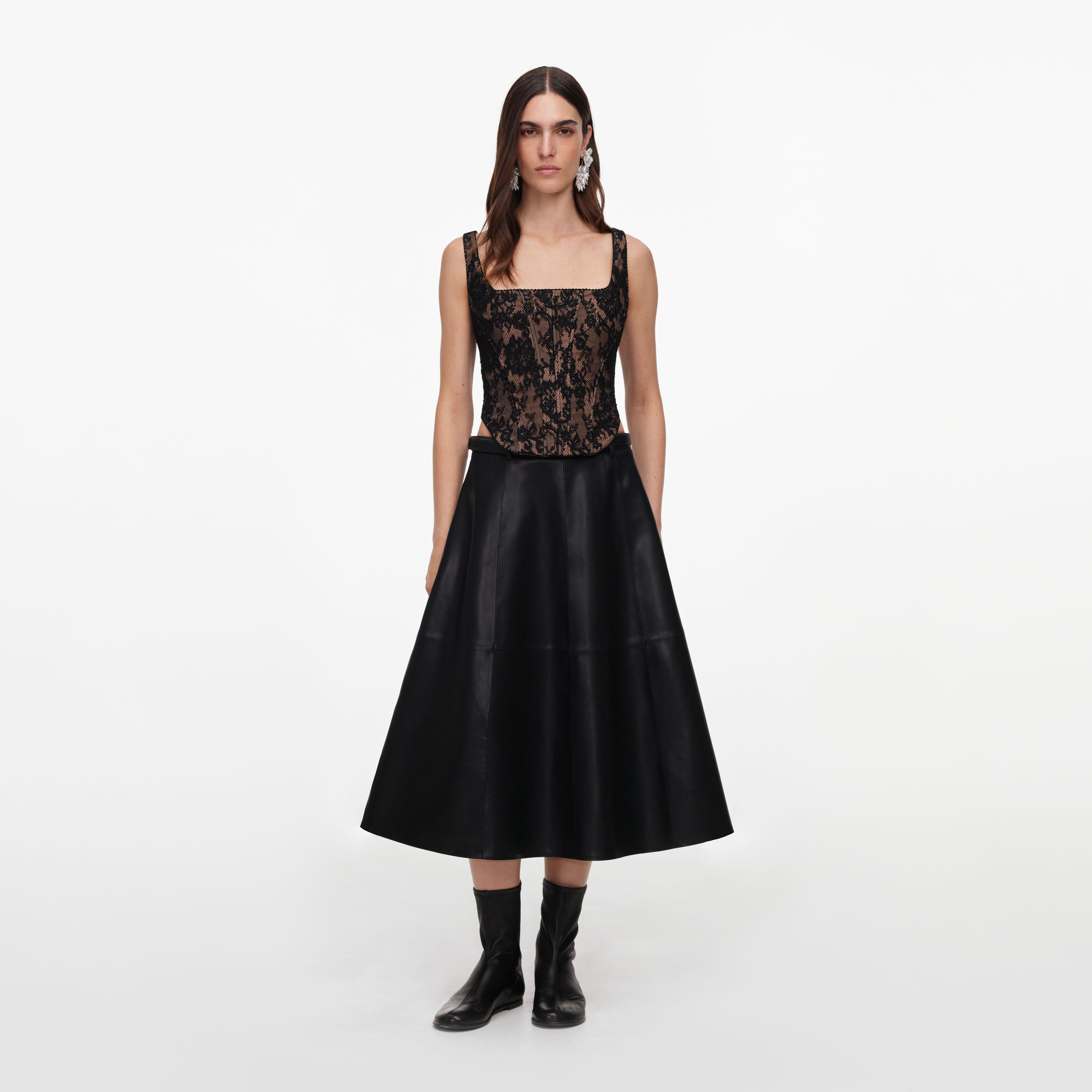 self portrait leather dress Self-Portrait Belted Pleated Leather-trimmed Wool-blend Midi Dress