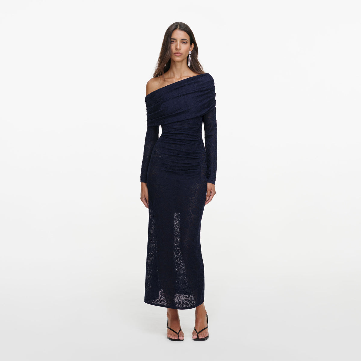 Navy Jacquard Gathered Knit Midi Dress