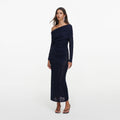 Navy Jacquard Gathered Knit Midi Dress