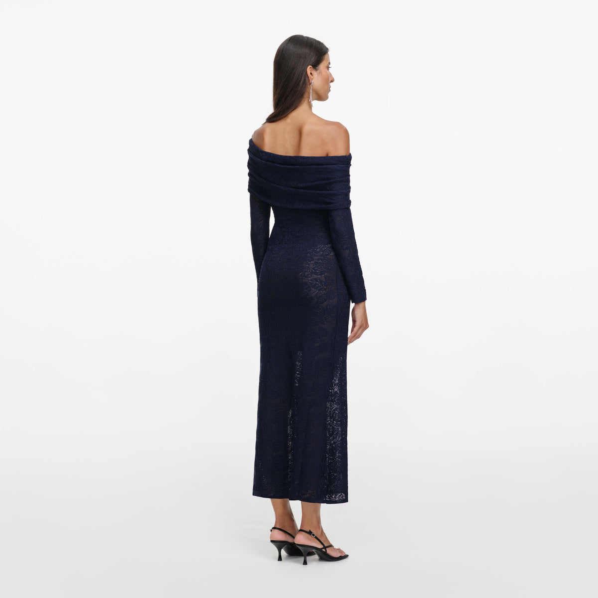 Navy Jacquard Gathered Knit Midi Dress