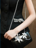 Black Croc Leather Crystal Flower Clutch Bag