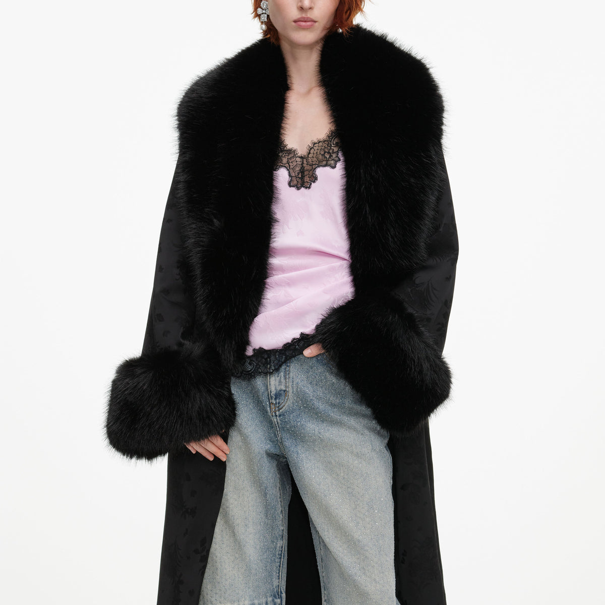 Black Jacquard Fur Collar Coat