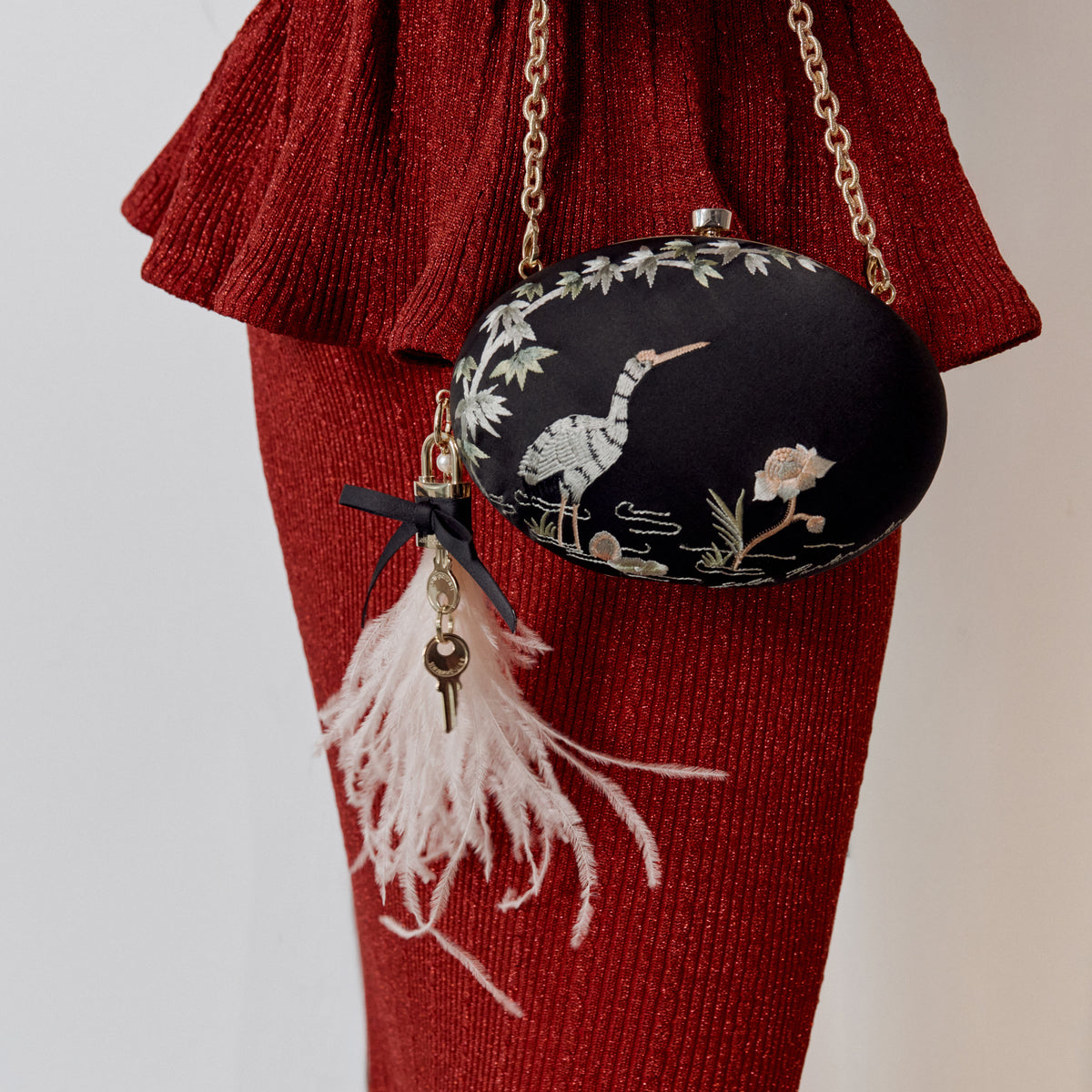 Black Satin Embroidered Oval Clutch Bag