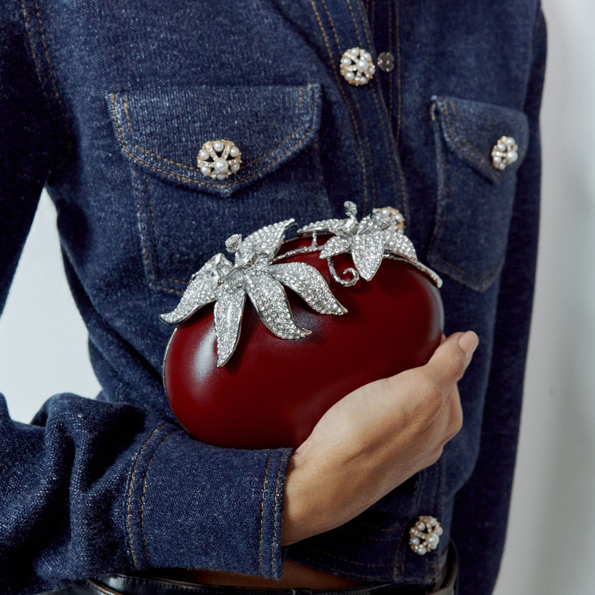 Red Leather Crystal Flower Oval Clutch Bag