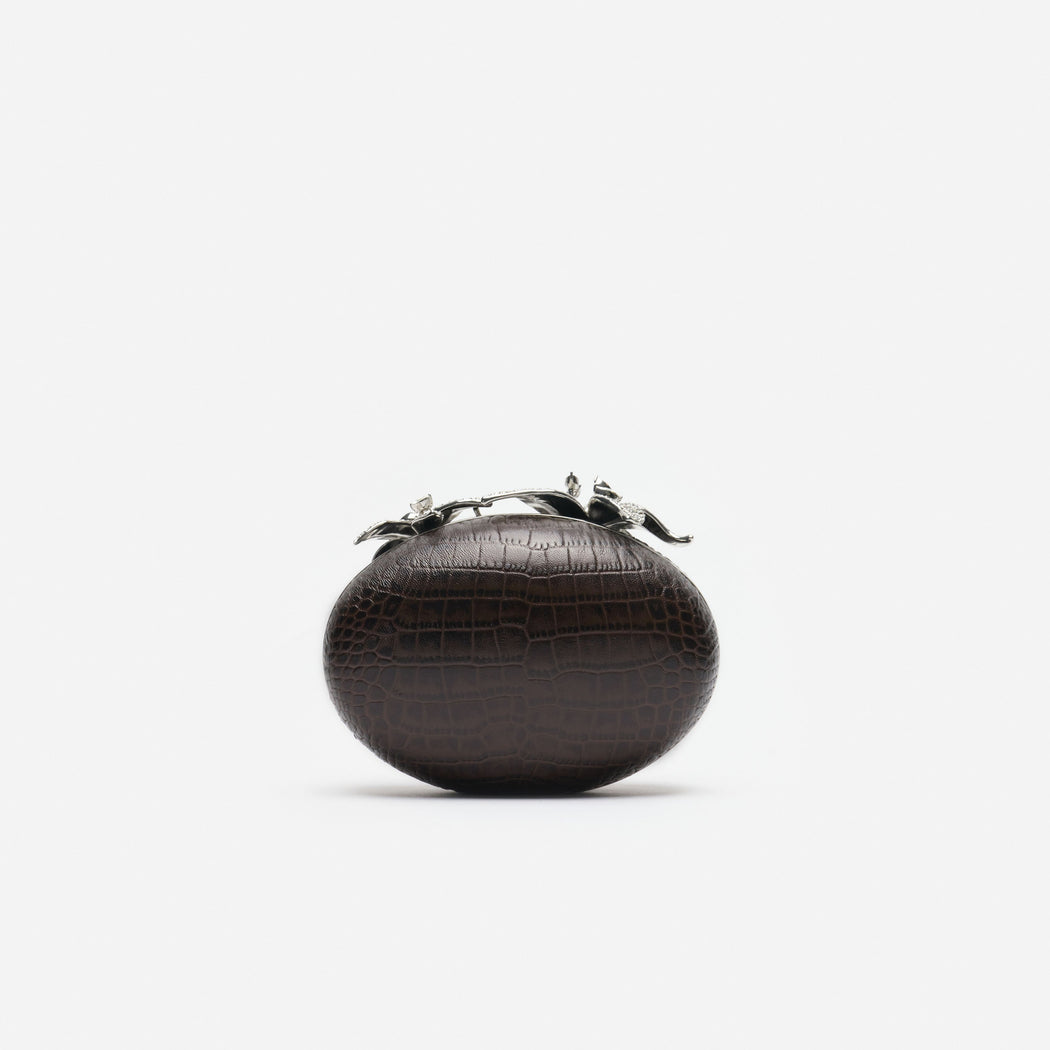 Brown Leather Crystal Flower Oval Clutch Bag