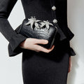 Black Croc Leather Crystal Flower Clutch Bag