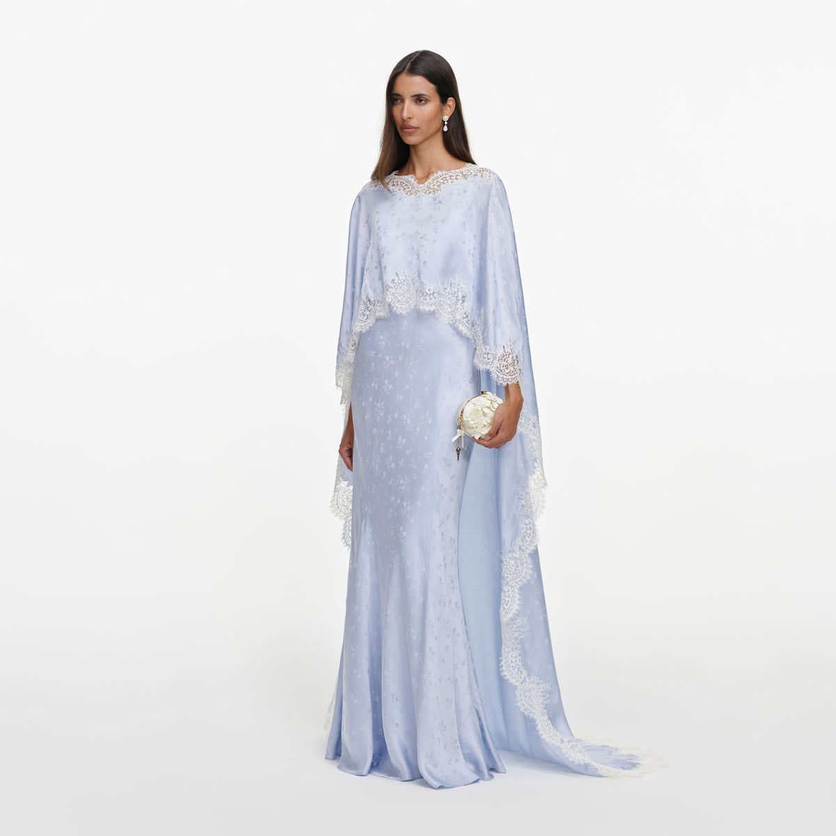 Blue Satin Lace Cape Maxi Dress