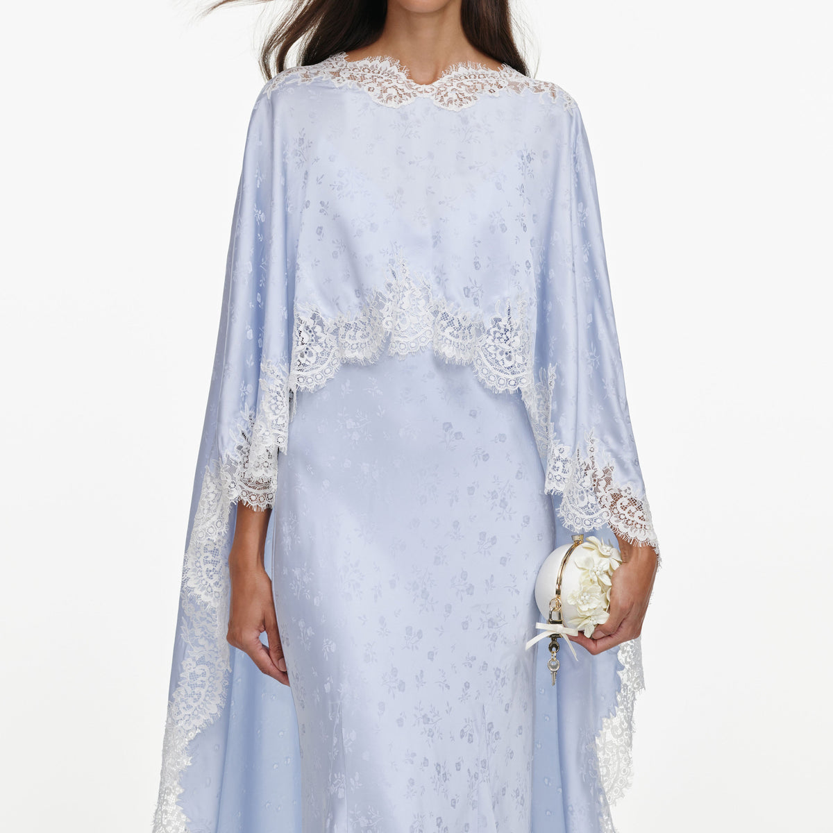 Blue Satin Lace Cape Maxi Dress
