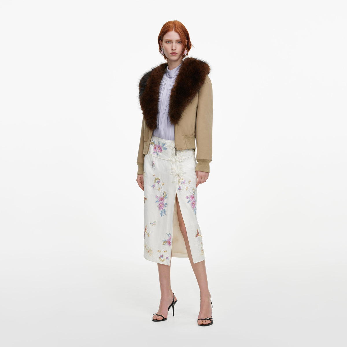 Cream Jacquard Floral Midi Skirt