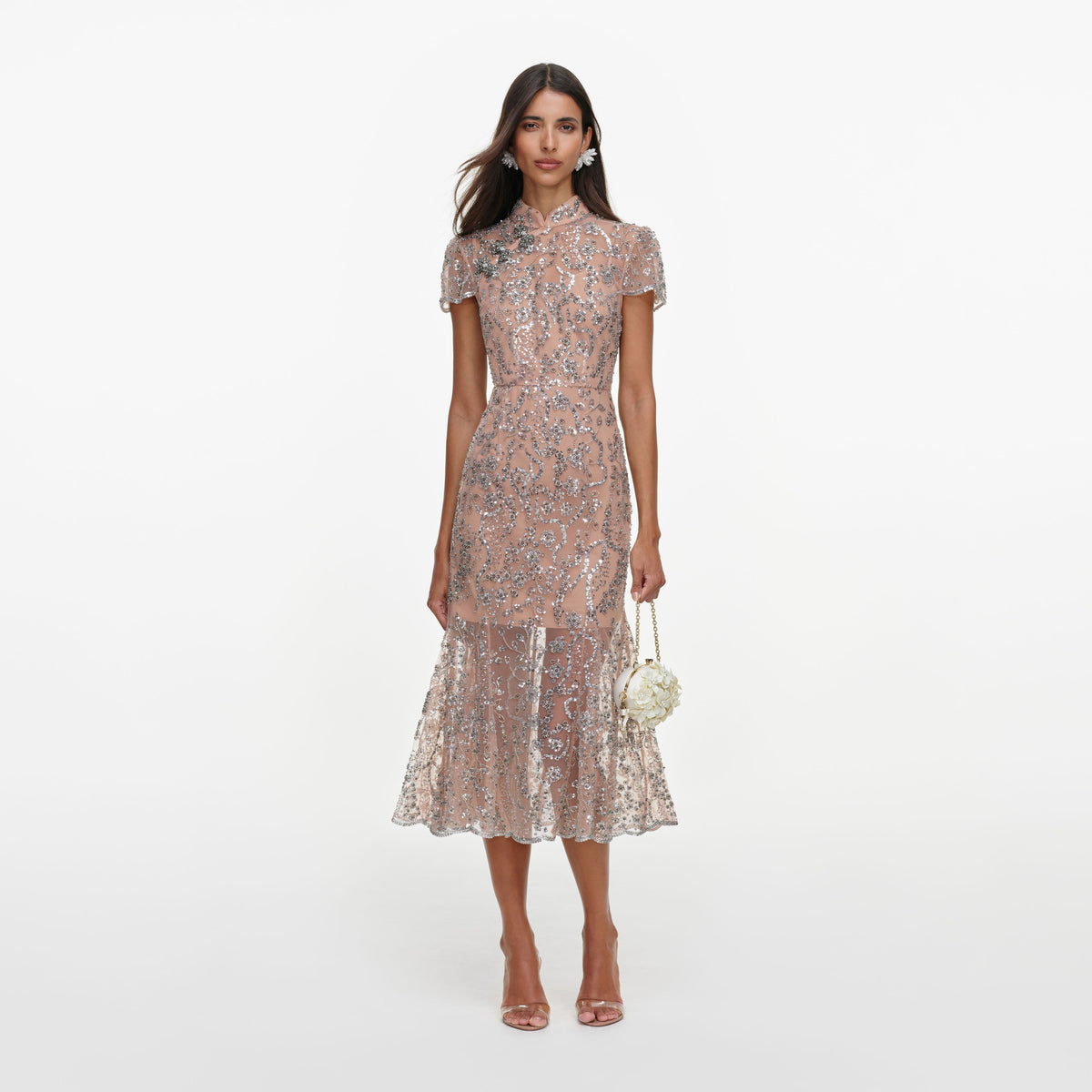Front view of a woman wearing the Silver Sequin Embellished Midi Dress