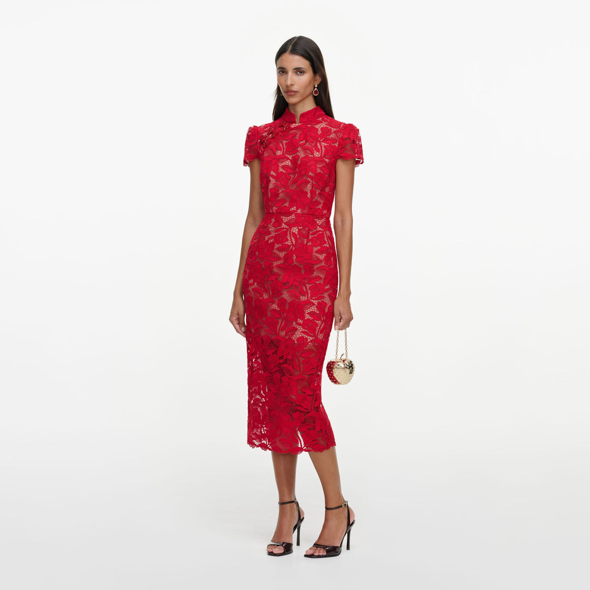 Side view of a woman wearing the Red Lace Midi Dress