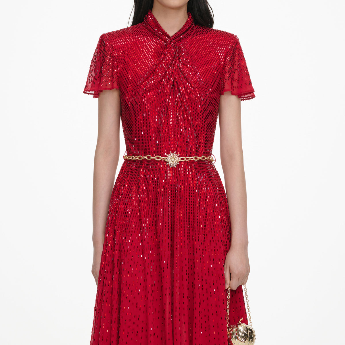 Red Ombre Rhinestone Twist Midi Dress